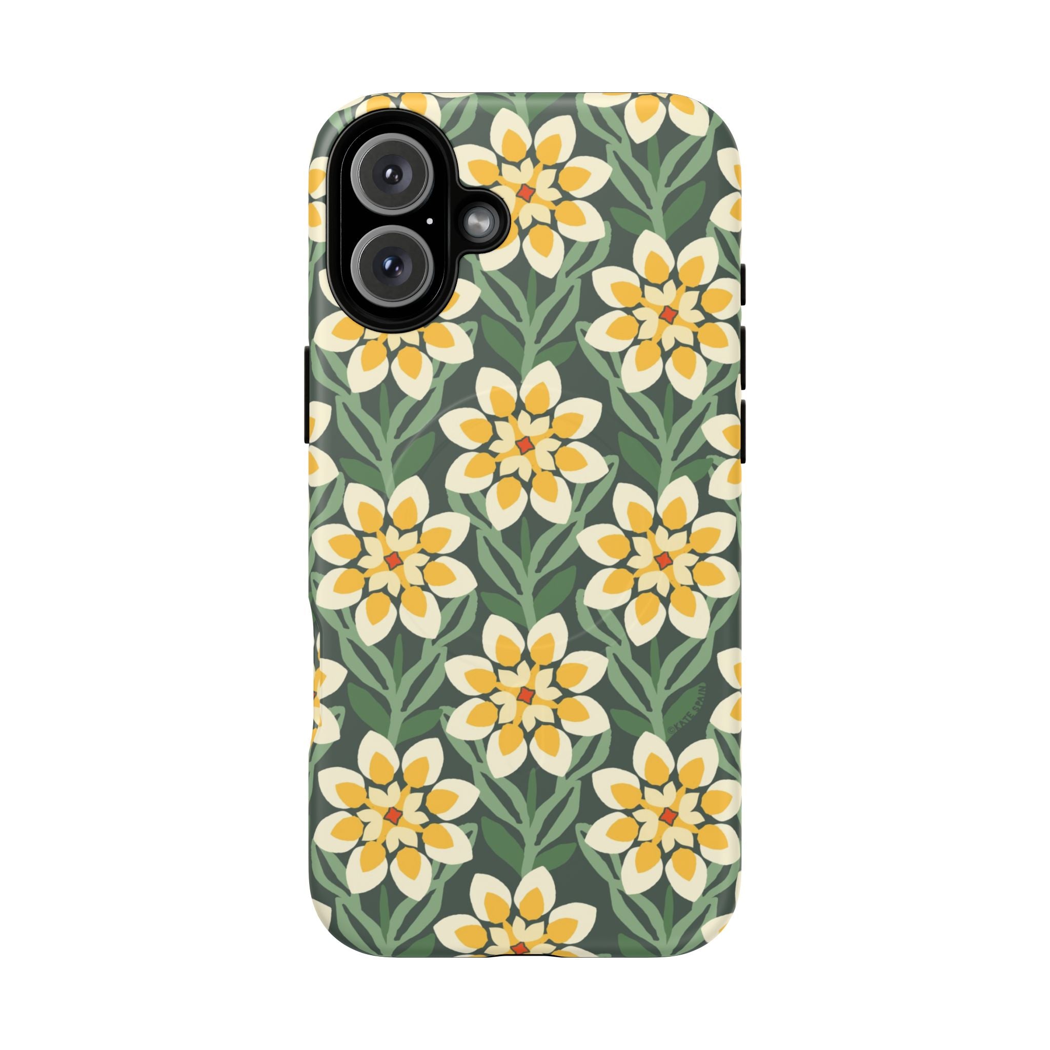 Designer Modern Dahlia MagSafe iPhone 16 Plus Case – Glossy | yellow, cream, green dahlia floral print