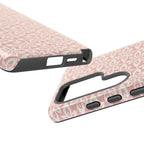 Lily Pastel Pink Samsung Galaxy S25 Ultra Glossy case — dual view showing ports, camera cutout, and buttons — graphic white lily on pastel pink by Kate Spain