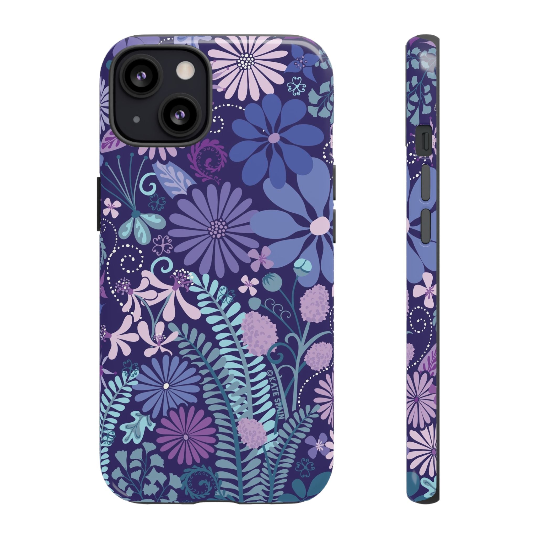 Luxury Terrain Tough iPhone 13 Case – Glossy | navy, purple, aqua botanical woodland floral print
