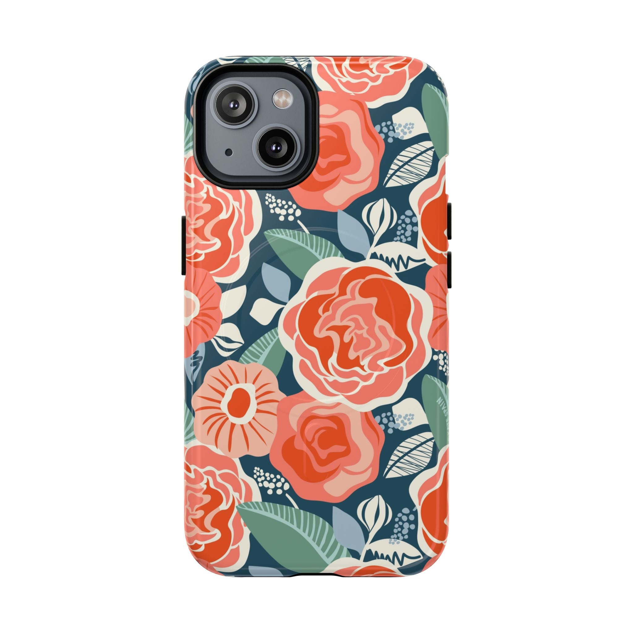 Luxury Tea Rose Navy MagSafe iPhone 14 Case – Glossy | navy, coral, peach botanical rose floral print
