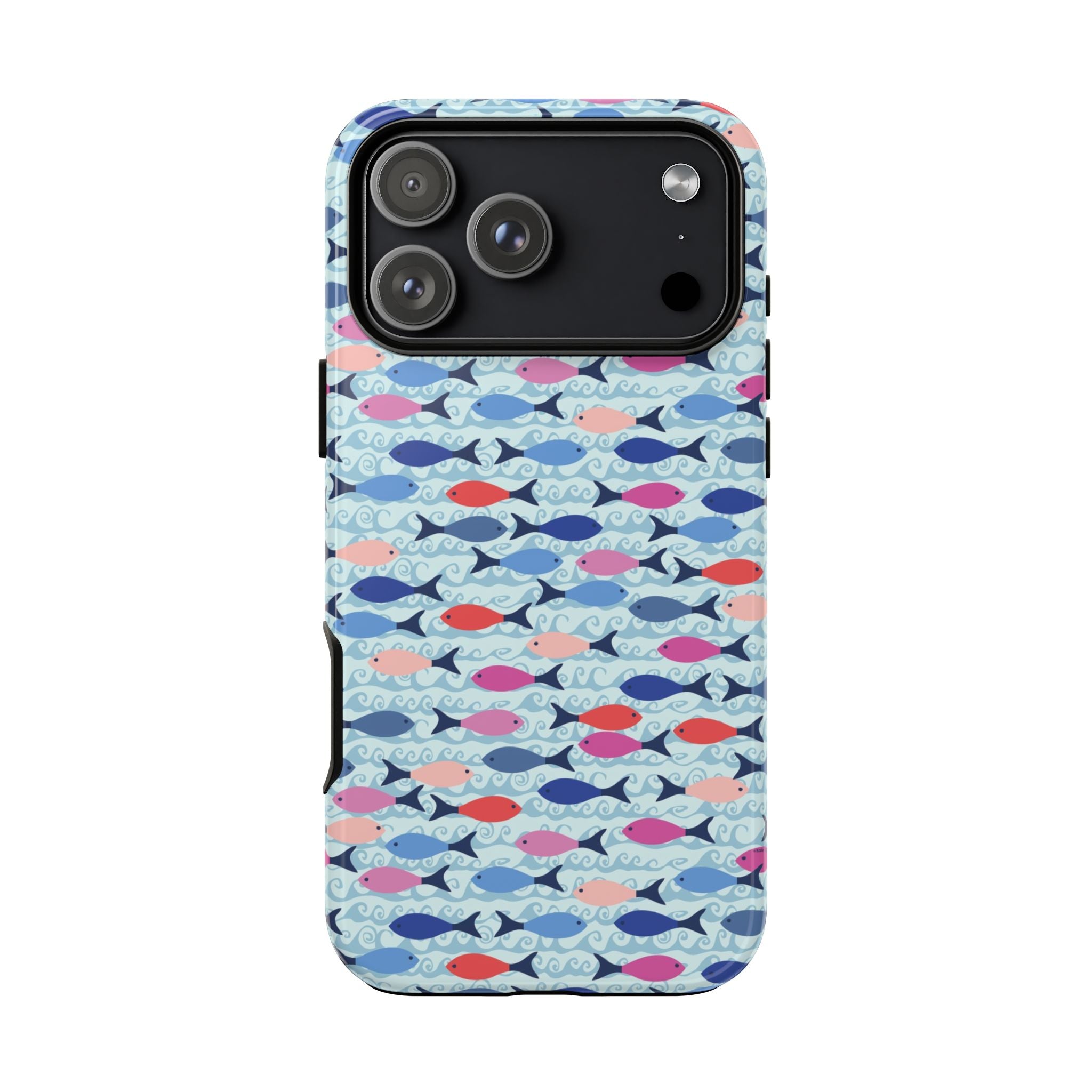 Summer Minnows Tough iPhone 17 Pro Max Case – Glossy | navy, coral, pink, and periwinkle fish on a pale aqua ground