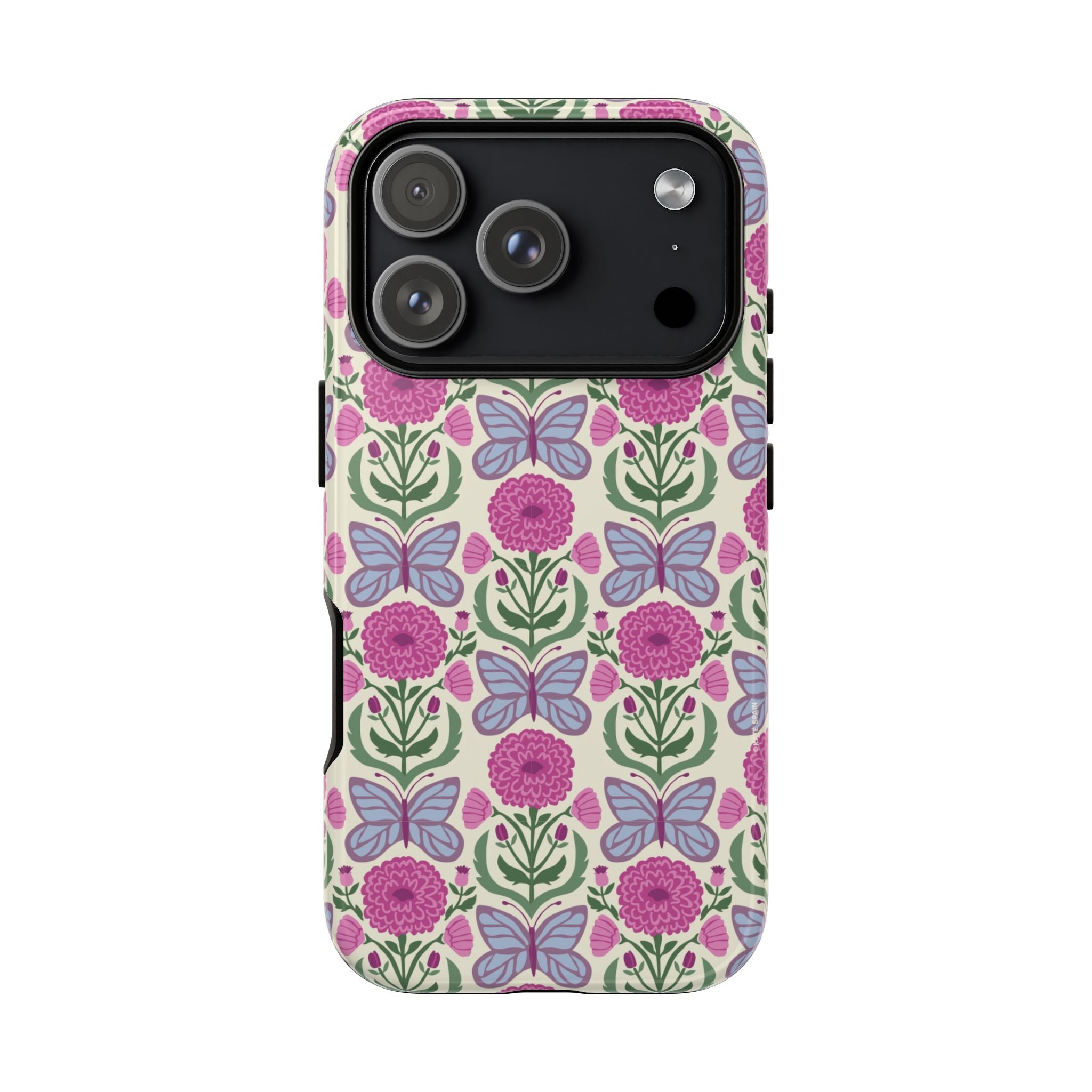 Butterfly Tough iPhone 17 Pro Case – Glossy | cream, magenta, periwinkle butterfly floral print