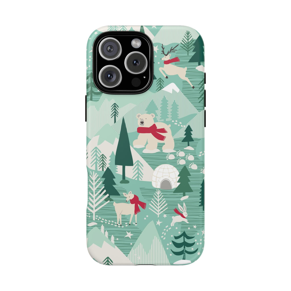 Arctica Winter Tough iPhone 16 Pro Max Case – Matte | aqua, evergreen, white, animal frolic winter wonderland print