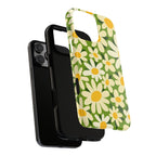 Shasta Daisy Tough iPhone 16 Pro Max Case – exploded side view showing dual-layer construction in green, white, yellow daisy floral print