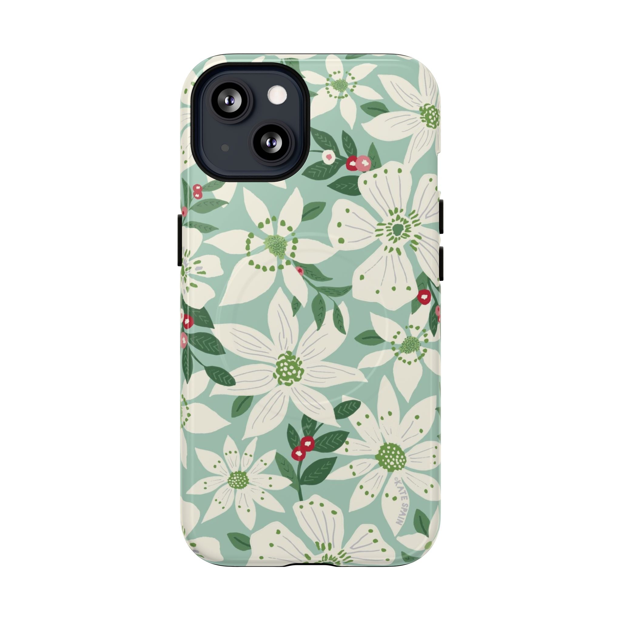 Gardenia MagSafe iPhone 13 Case – Glossy | light blue, white, green, red gardenia botanical print