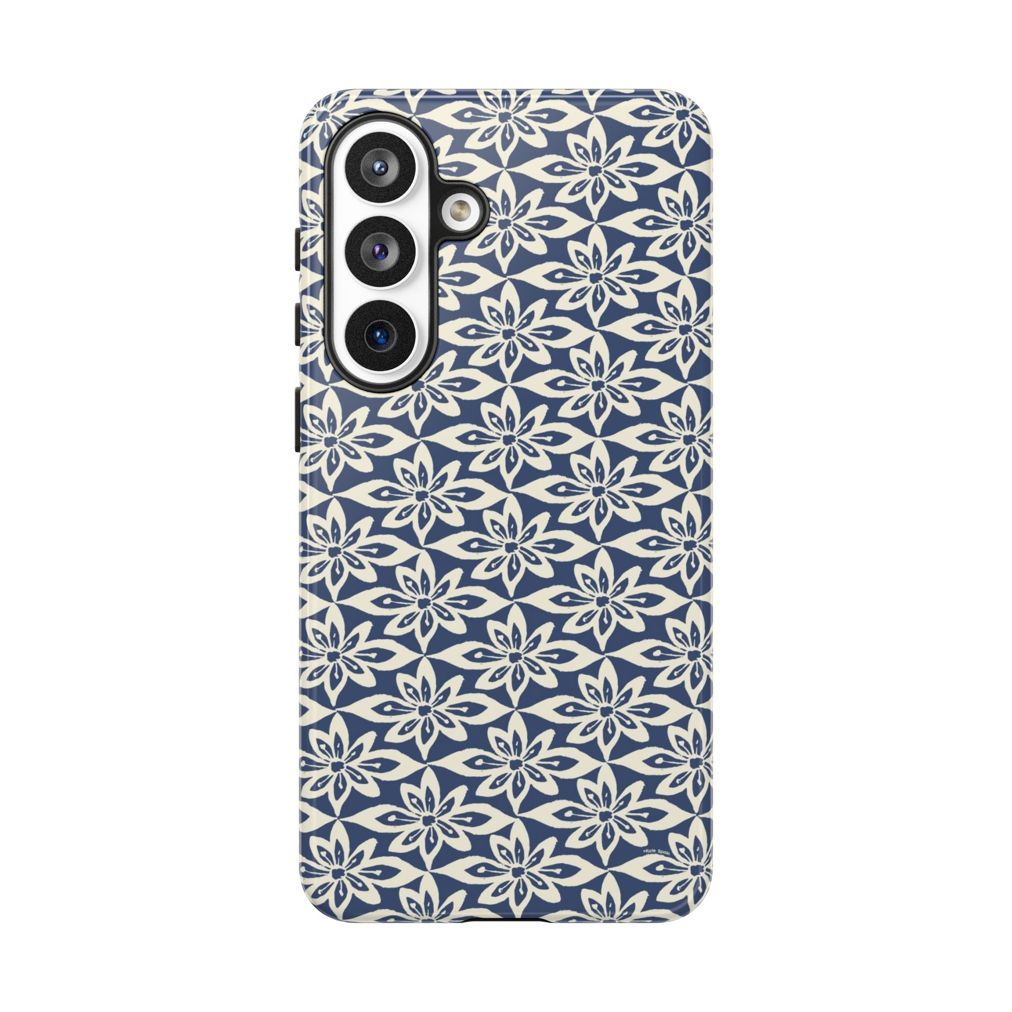 Lily Navy Blue Samsung Galaxy S26 Plus Glossy case — graphic white lily print on deep navy — botanical phone case by Kate Spain