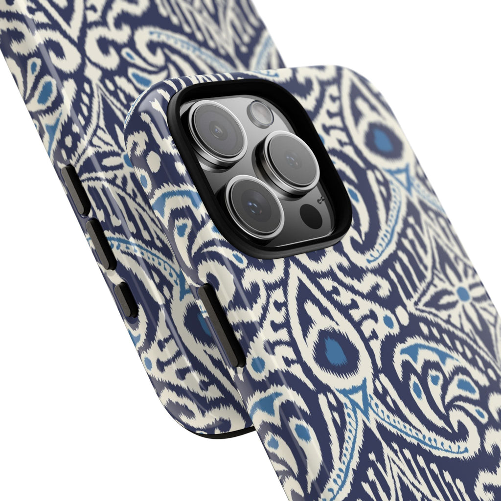 Ikat Tough iPhone 16 Pro Max Case – lifestyle angled shot | navy, cream, blue ikat medallion print
