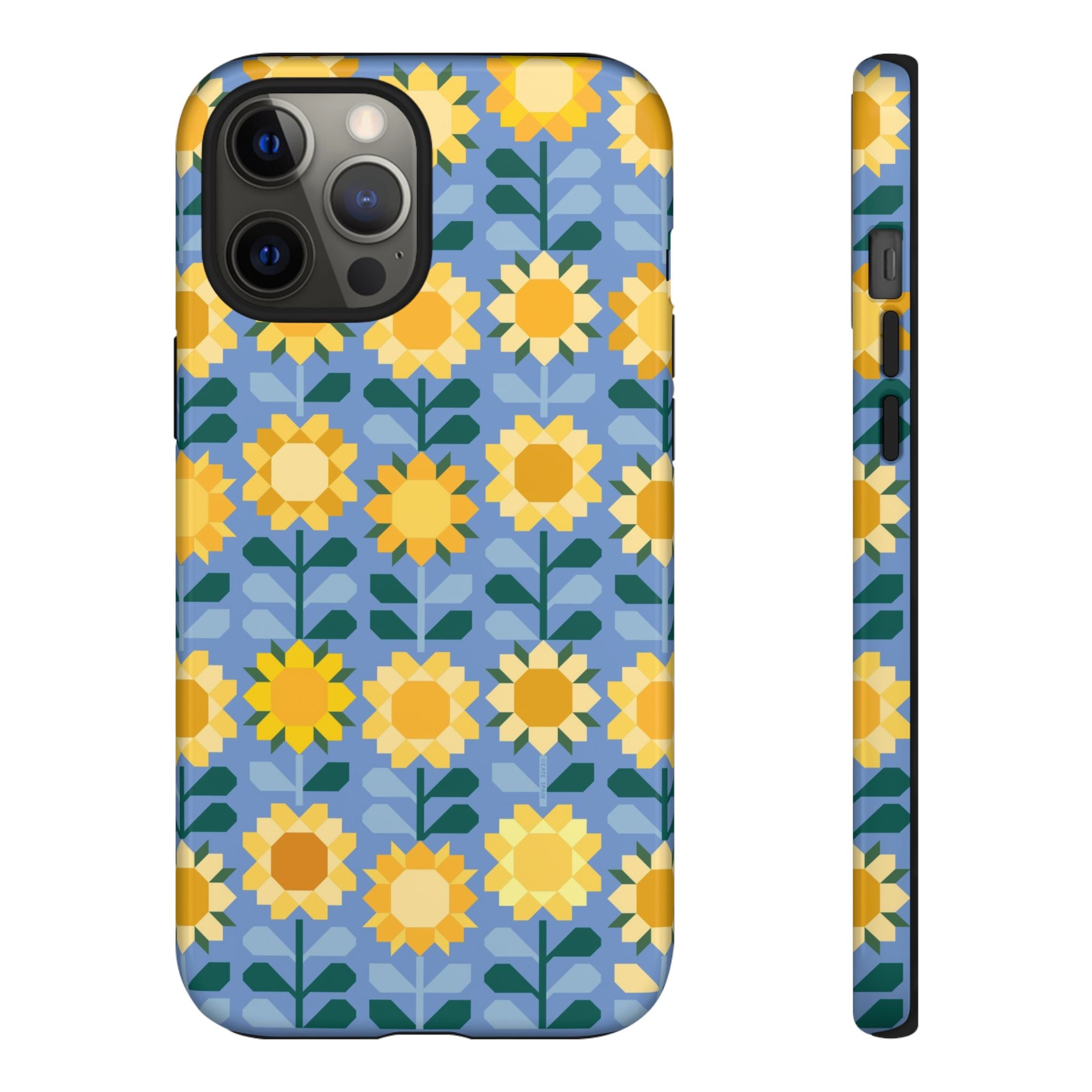 Sunflowers Tough iPhone 12 Pro Max Case – Glossy | blue, yellow, gold geometric sunflower print