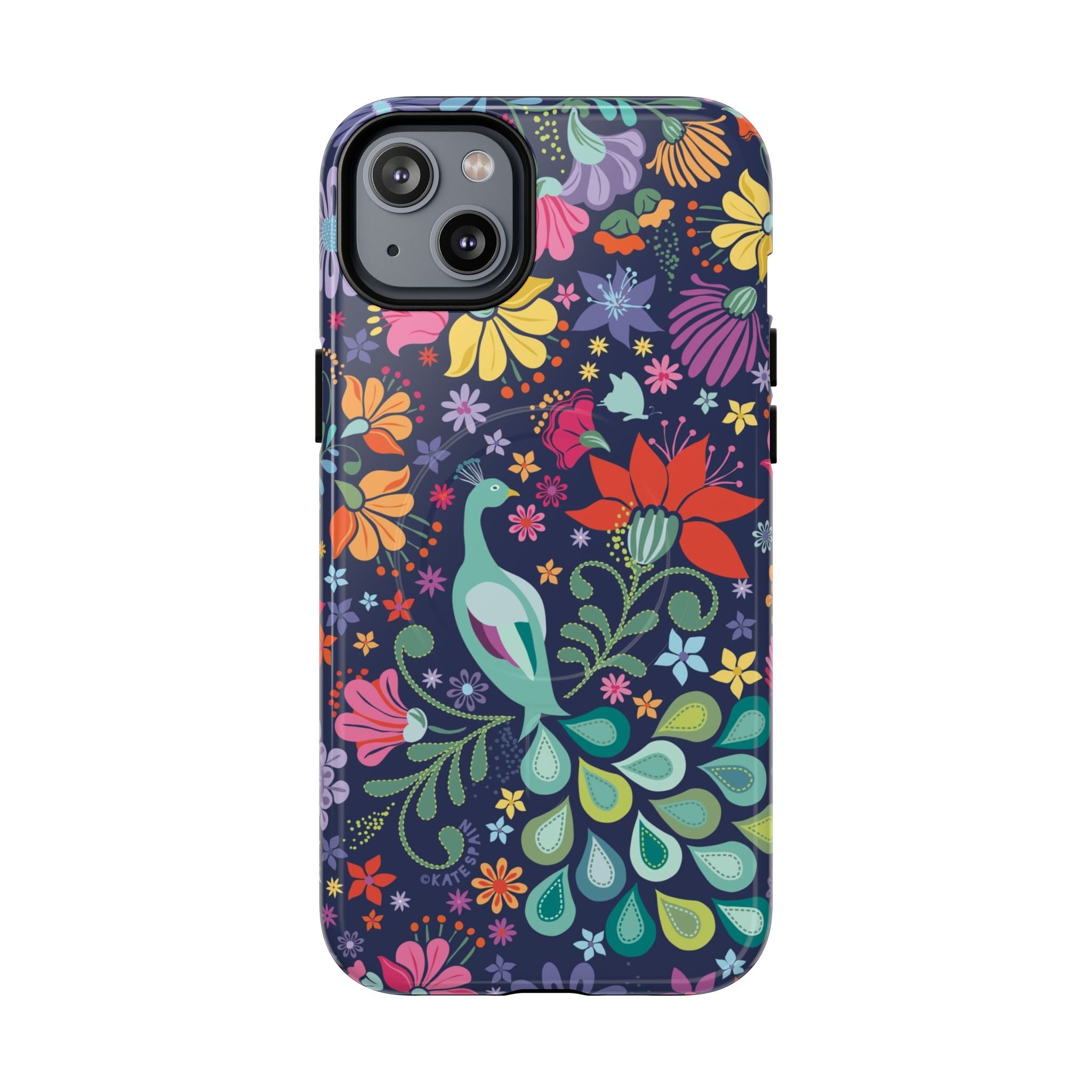 Peacock Sanctuary MagSafe iPhone 14 Plus Case – Glossy | navy, teal, coral multicolor vibrant peacock feather botanical print
