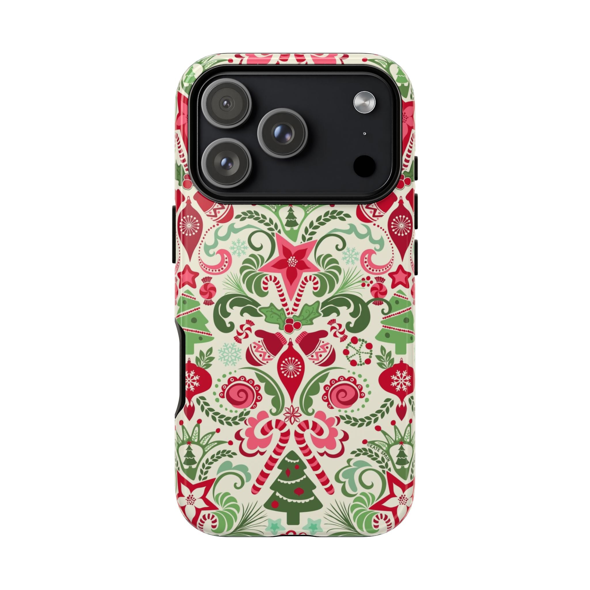 Wonderland Tough iPhone 17 Pro Case – Glossy | cream, red, green Christmas ornament damask print