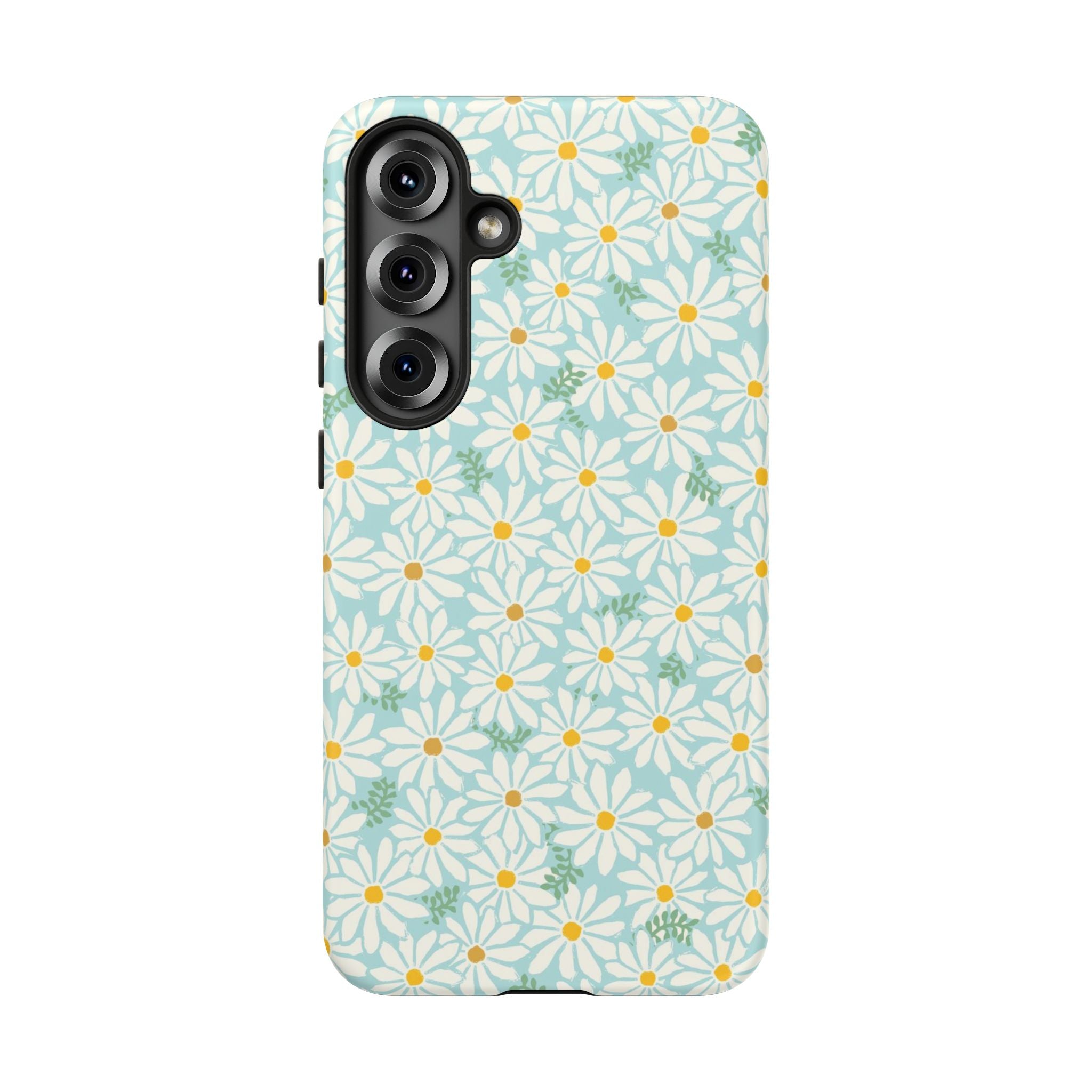 Daisies Samsung Galaxy S25 Plus Case – Matte | sky blue, white daisy print, golden yellow centers, mint green leaves dual-layer protection