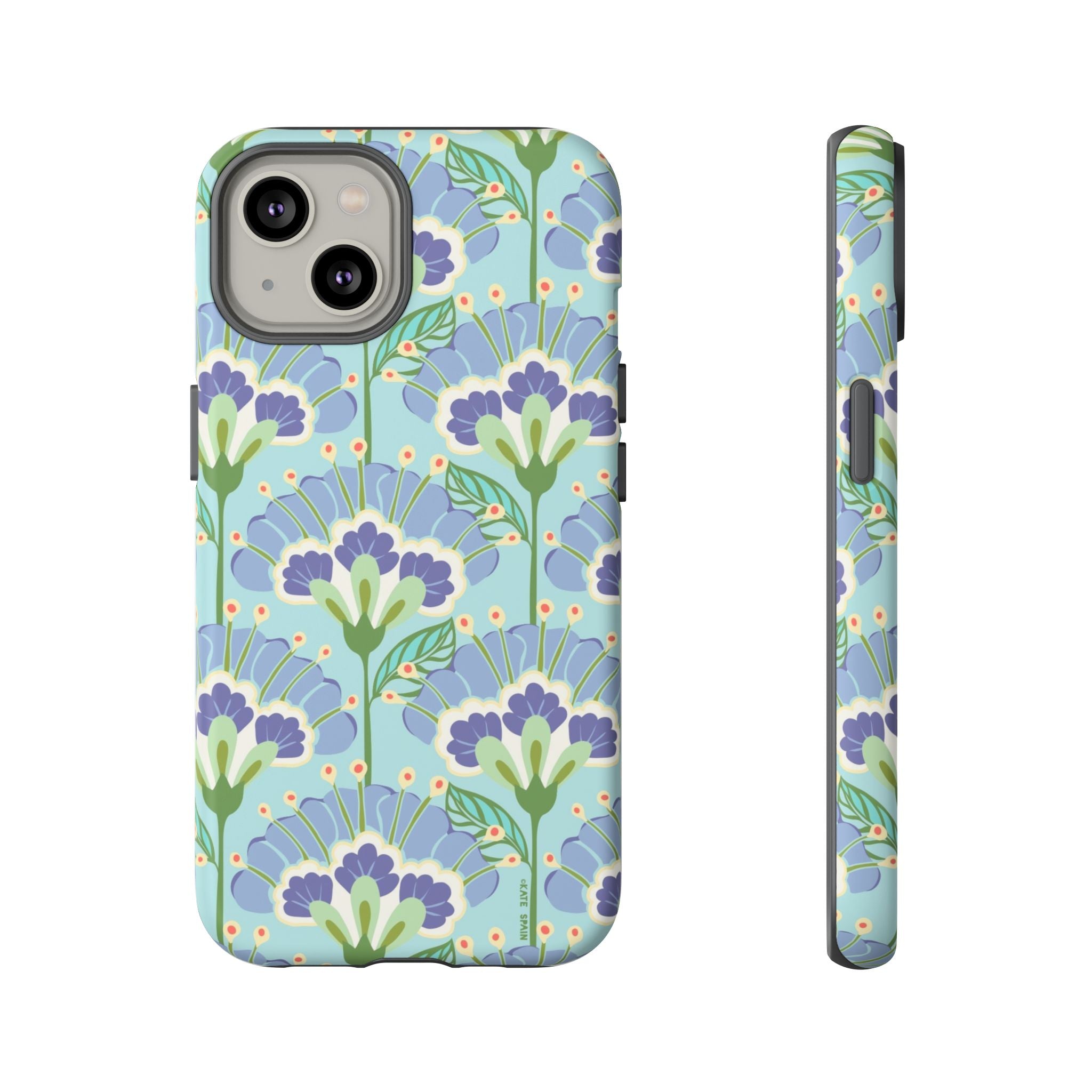 Lantern Flower Tough iPhone 14 Case – Matte | aqua, periwinkle, green botanical lantern floral print