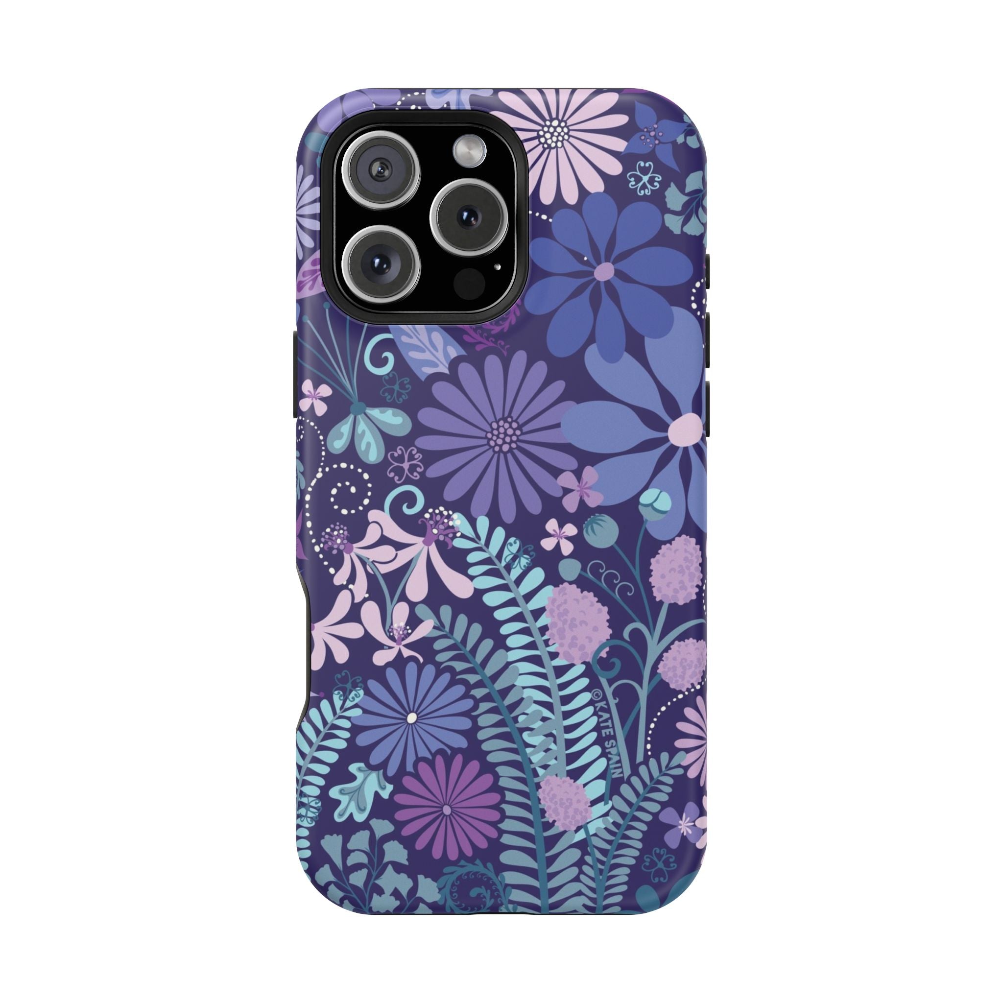 Luxury Terrain MagSafe iPhone 16 Pro Max Case – Glossy | navy, purple, aqua botanical woodland floral print