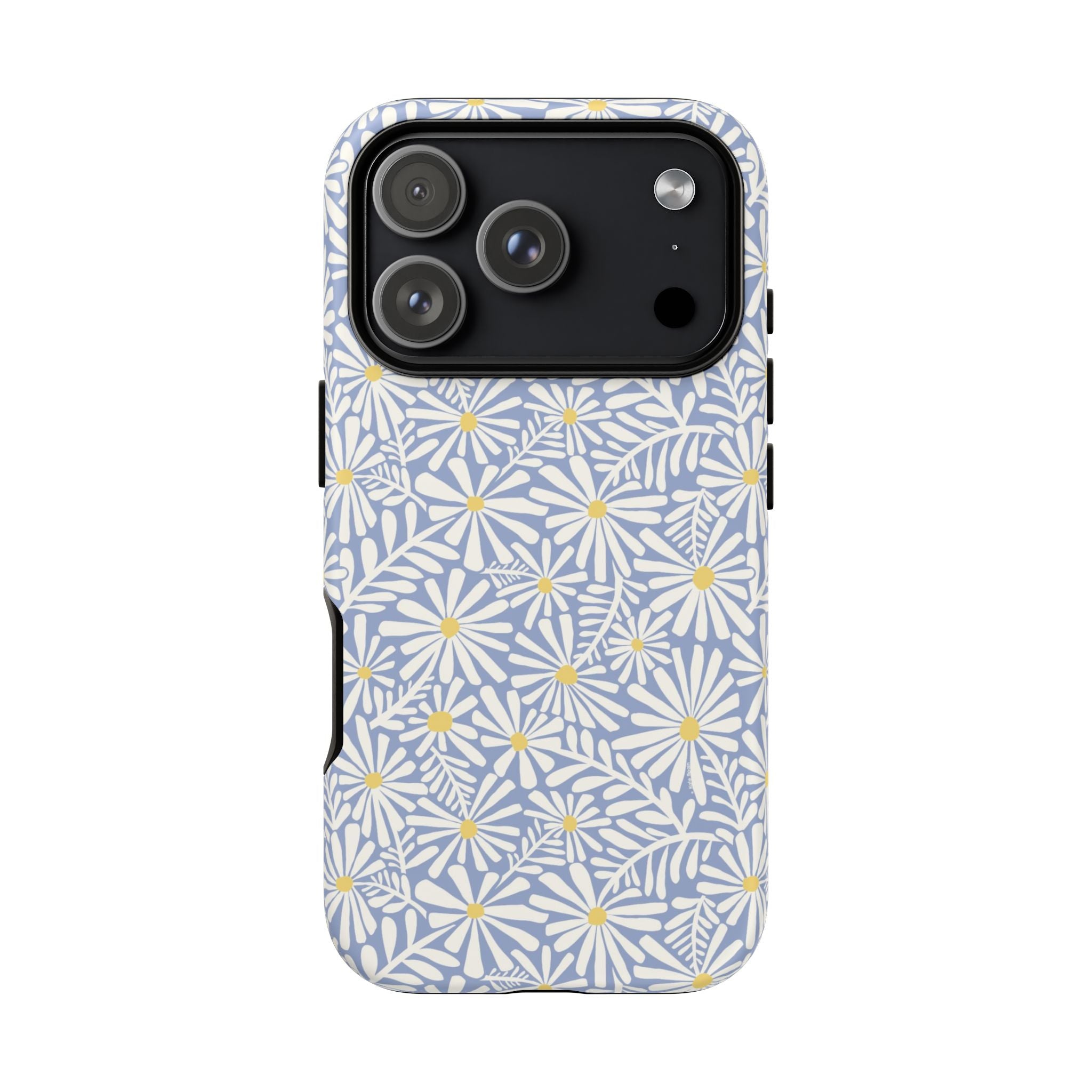 Montauk Daisy Cottage Blue iPhone 17 Air Case – Matte | periwinkle blue, white graphic daisy and fern print, golden yellow centers | dual-layer protection
