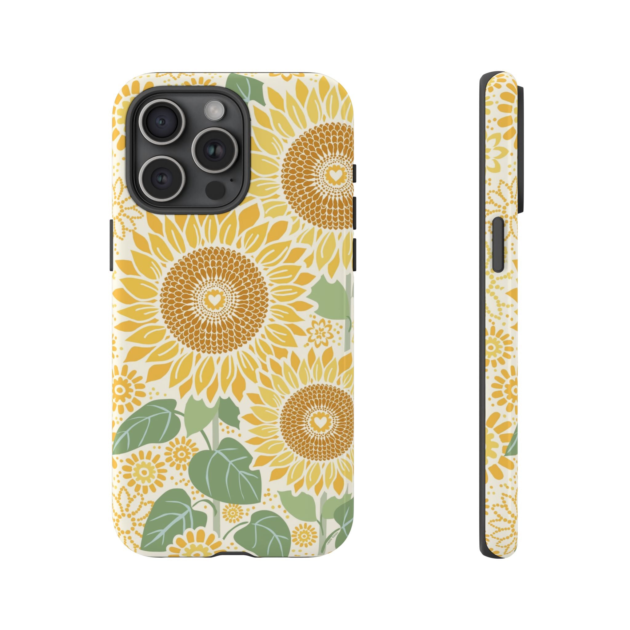 Sunny Sunflower iPhone 15 Pro Max case – Glossy | cream ground, large-scale yellow sunflower print, golden seed detail with heart centers, dual-layer protection