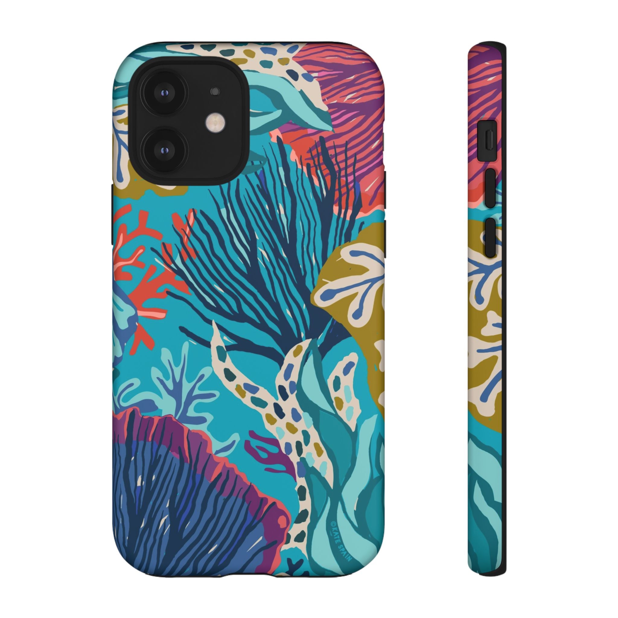 Reef Tough iPhone 12 Case – Matte | teal, coral, navy, purple botanical coral reef print