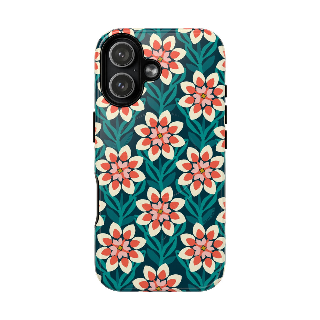 Modern Dahlia MagSafe iPhone 17 Case – Glossy | teal, coral, cream botanical dahlia floral print