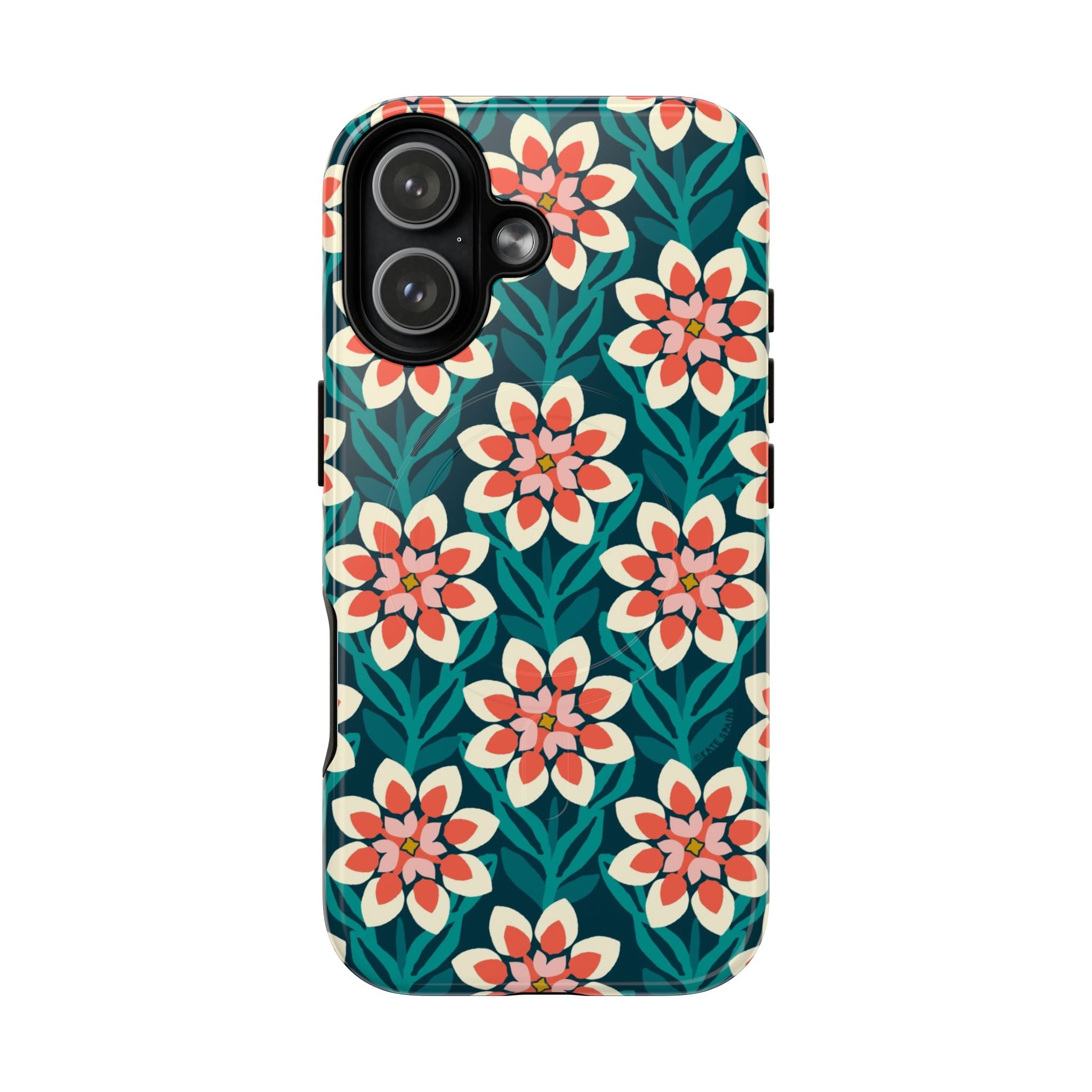 Modern Dahlia MagSafe iPhone 17 Case – Glossy | teal, coral, cream botanical dahlia floral print