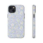 Montauk Daisy Cottage Blue iPhone 14 Plus Case – Matte | periwinkle blue, white graphic daisy and fern print, golden yellow centers | dual-layer protection