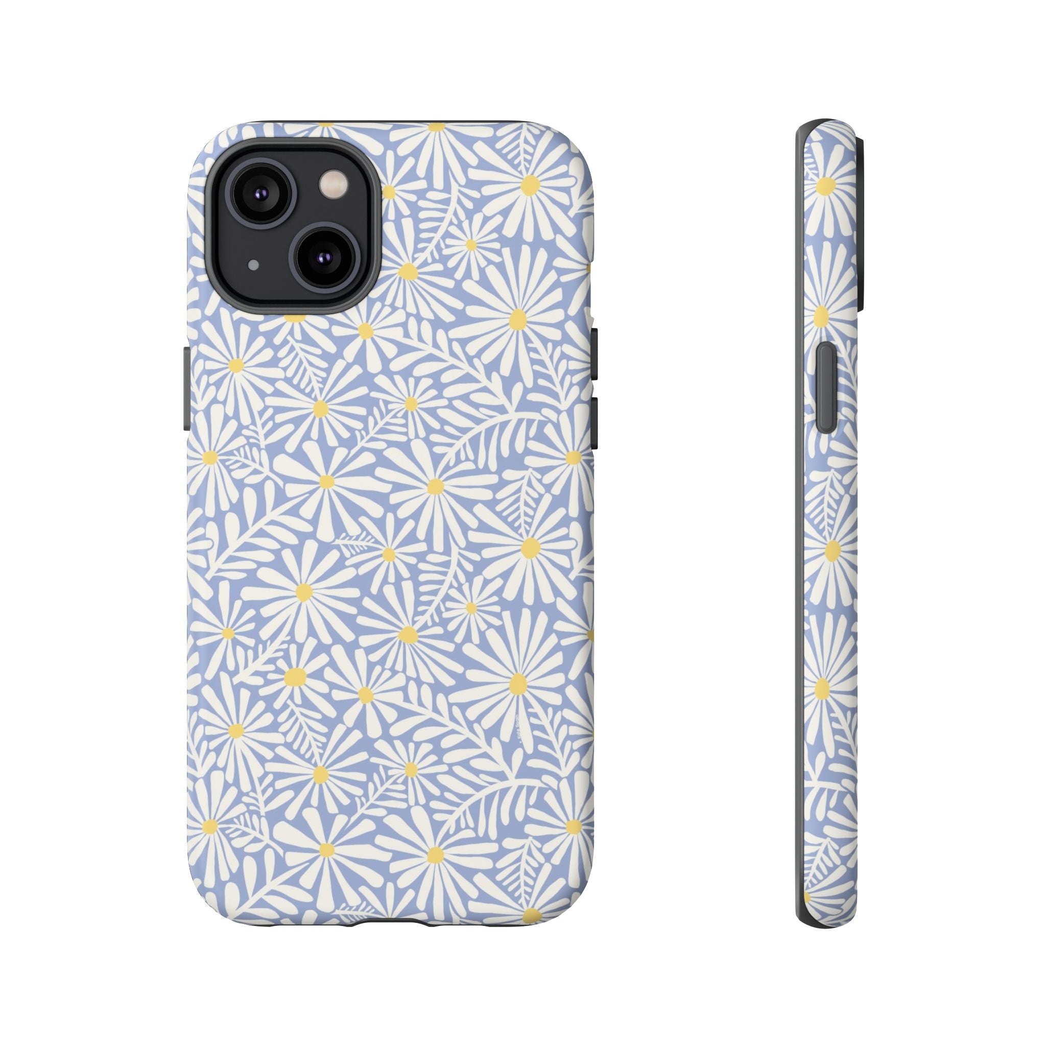 Montauk Daisy Cottage Blue iPhone 14 Plus Case – Matte | periwinkle blue, white graphic daisy and fern print, golden yellow centers | dual-layer protection