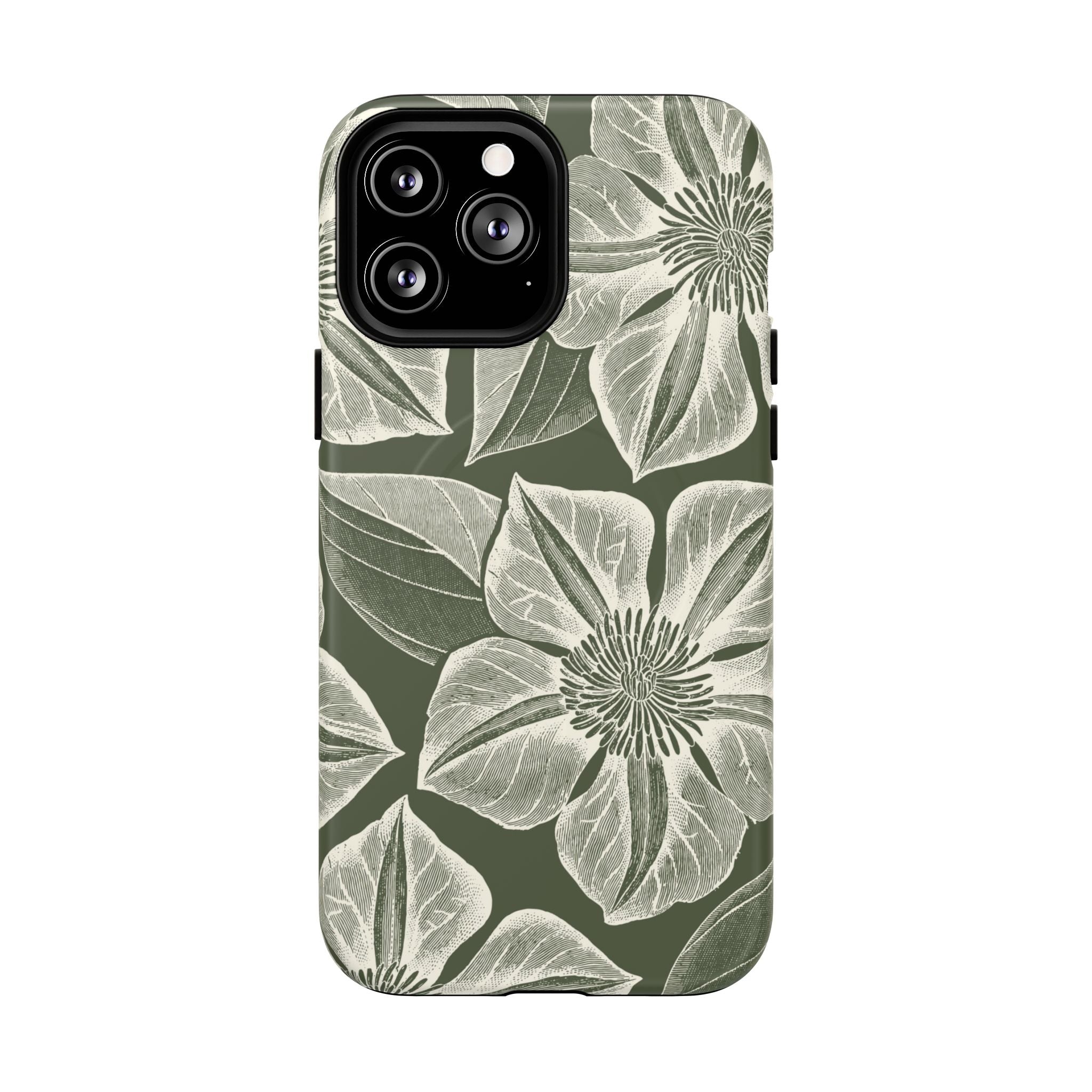 Vintage Bloom Cypress MagSafe iPhone 13 Pro Max – Matte | cypress green ground, large-scale white clematis print, engraved petal detail, dual-layer protection