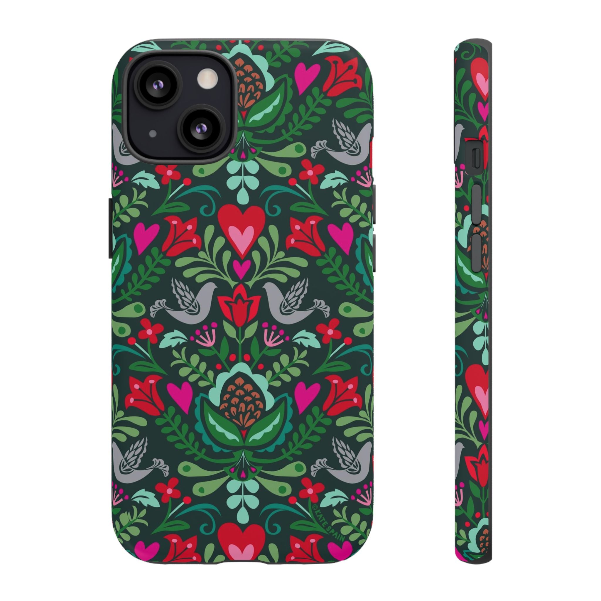 Rosemaling Tough iPhone 13 Case – Glossy | dark green, red, pink, gray folk art floral bird print