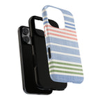 Cabana Stripe Pastel Tough iPhone 16 Pro Max Case – Glossy dual-layered view of case and inner lining in front of phone, with view of camera cutout and buttons | soft blue, coral, sage green chambray-textured stripe print dual-layer protection