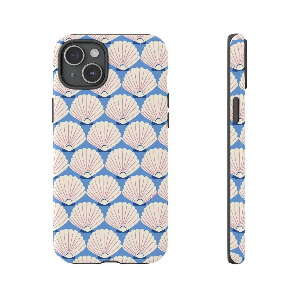 Seashells Tough iPhone 15 Plus Case – Glossy | periwinkle, cream, blush scallop shell print