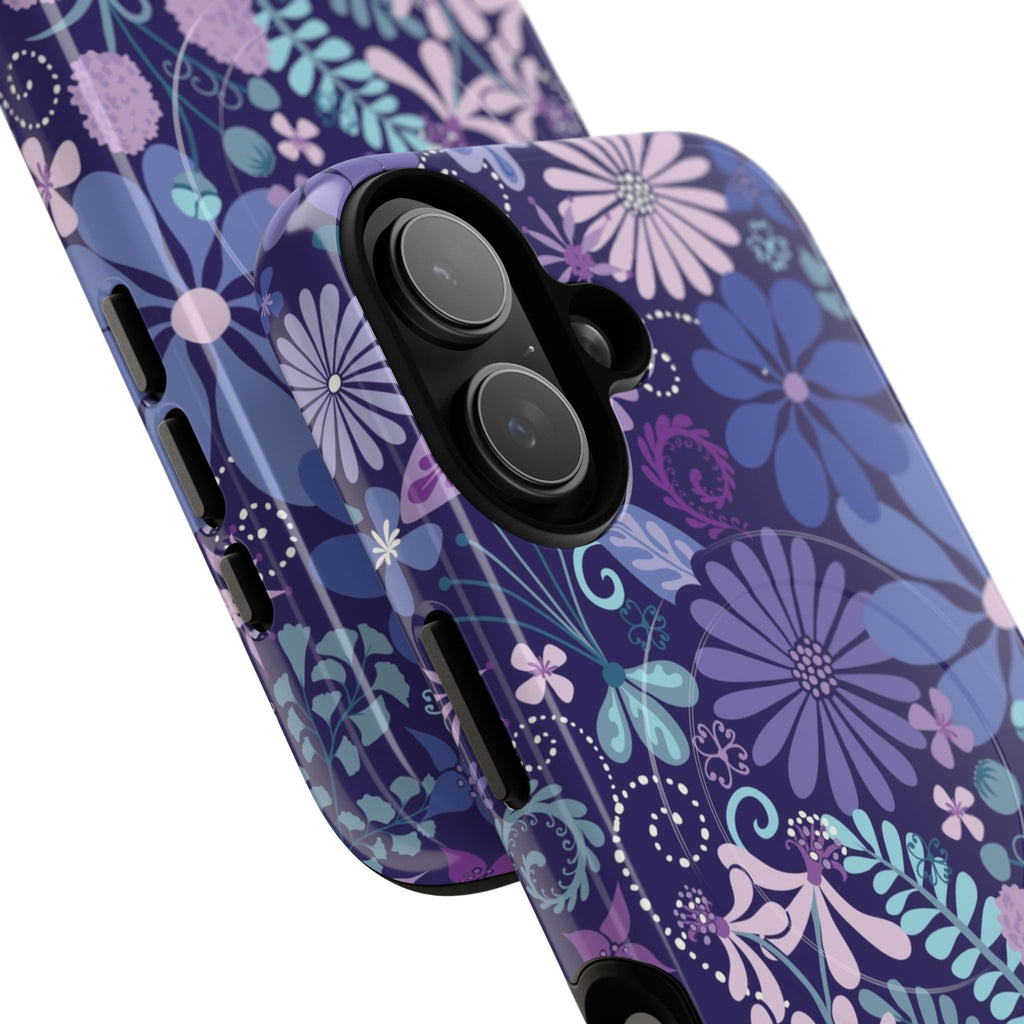 Terrain Night MagSafe iPhone 17 Case – Glossy | navy, purple, aqua botanical woodland floral print | angled view closeup of camera cutout and buttons