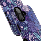 Terrain Night MagSafe iPhone 17 Case – Glossy | navy, purple, aqua botanical woodland floral print | angled view closeup of camera cutout and buttons