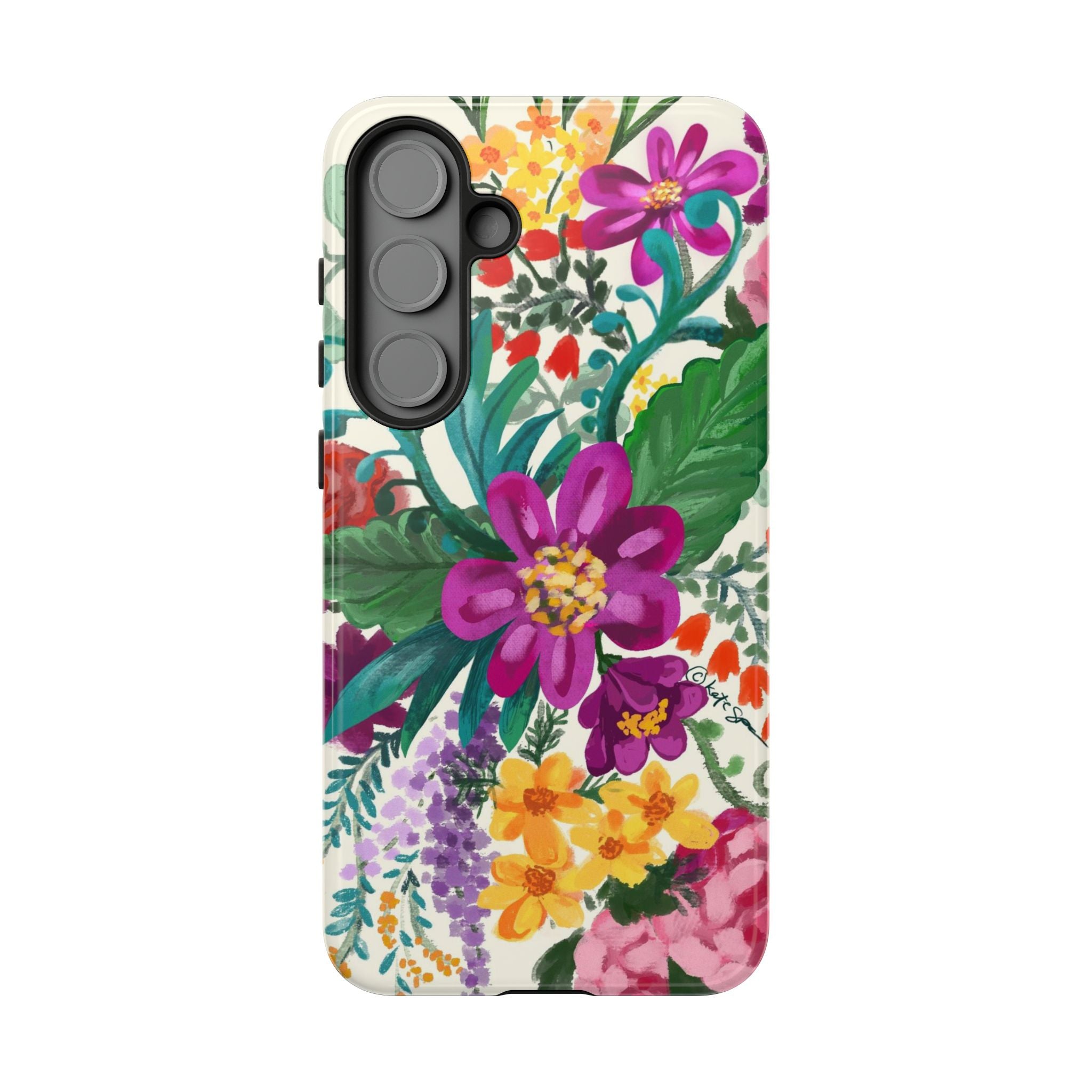Tropical Posy Samsung Galaxy S25 Plus Case – Glossy | white, magenta, yellow, purple vibrant botanical floral print