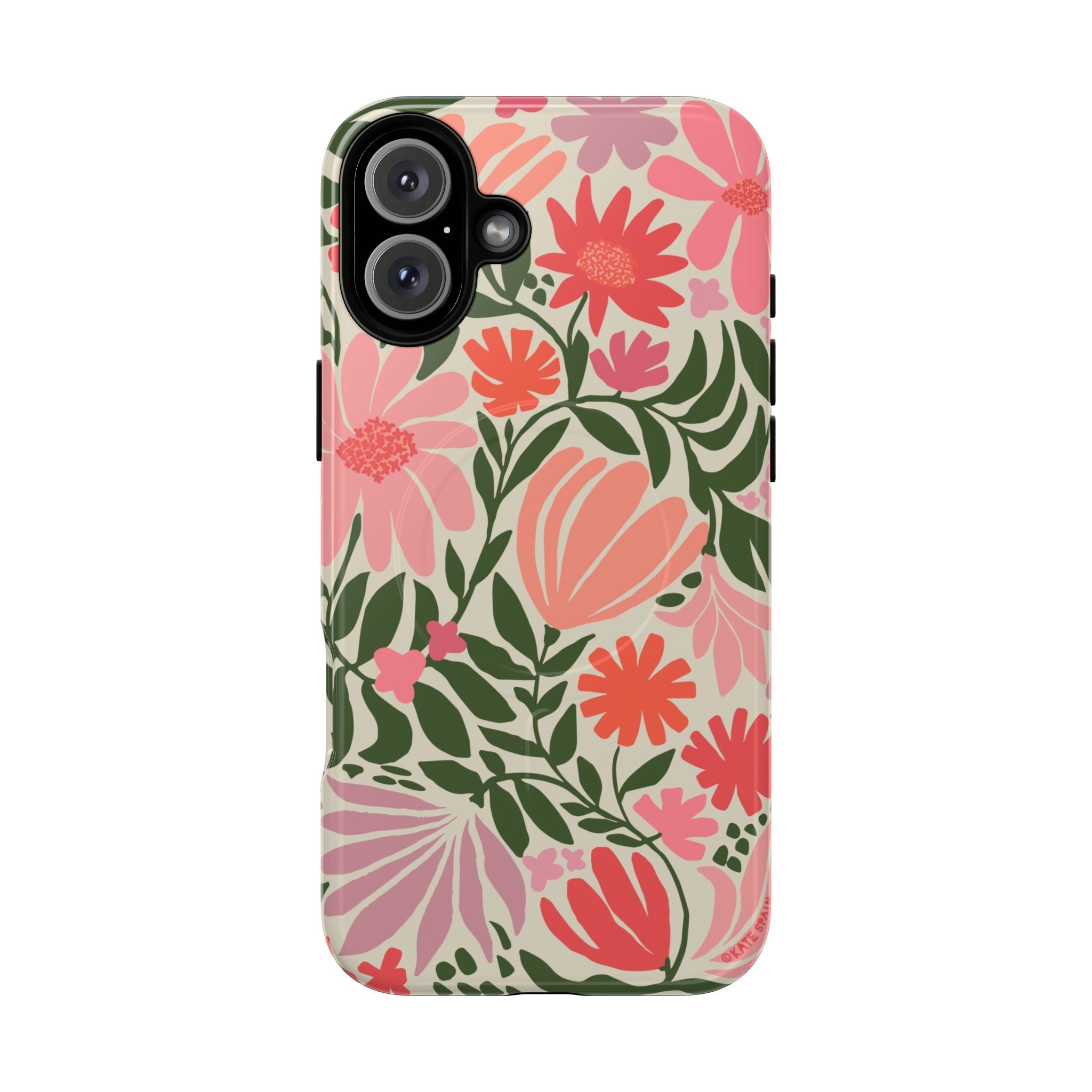 Botanica MagSafe iPhone 16 Plus Case – Glossy | coral, pink, sage green botanical wildflower print