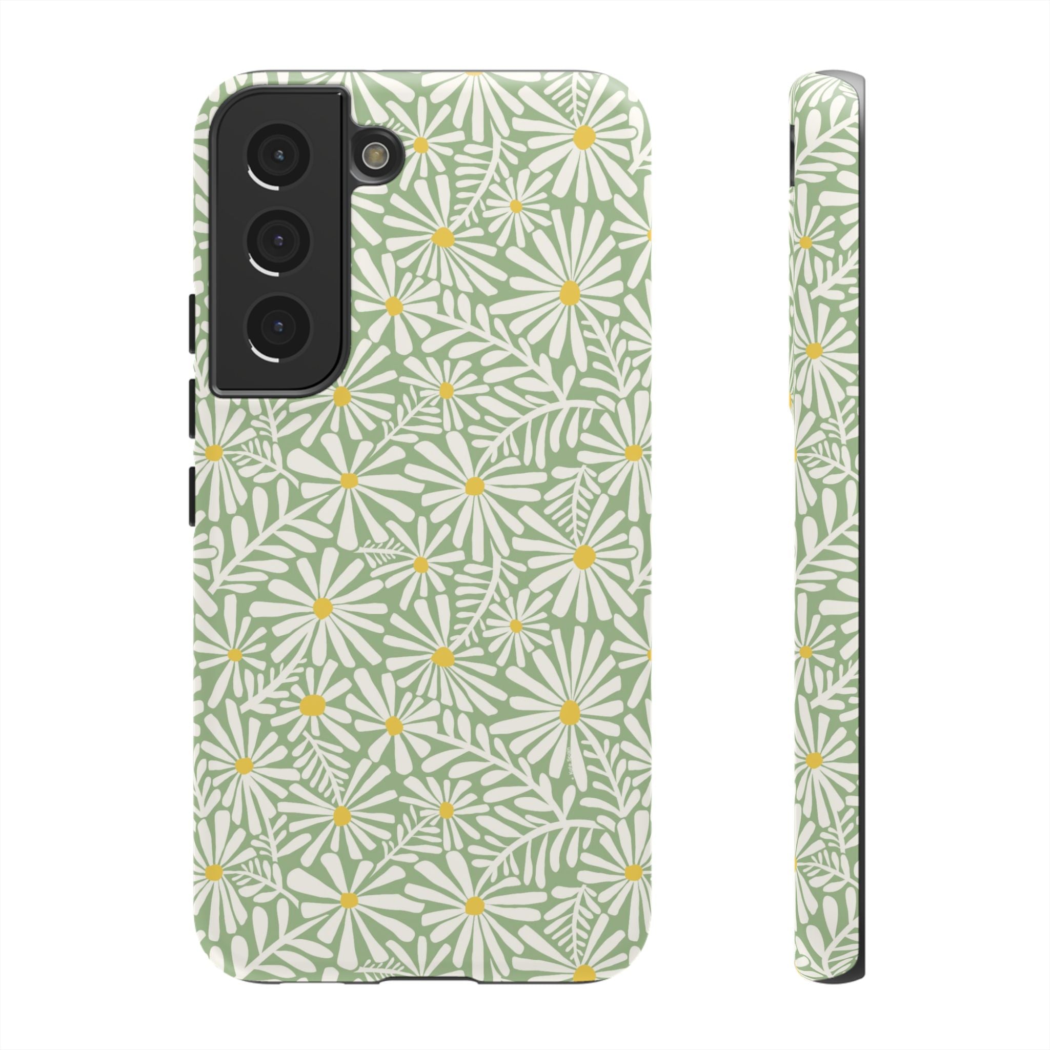 Montauk Daisy Meadow Green Samsung Galaxy S22 Matte case — white daisy and fern print on sage green by Kate Spain