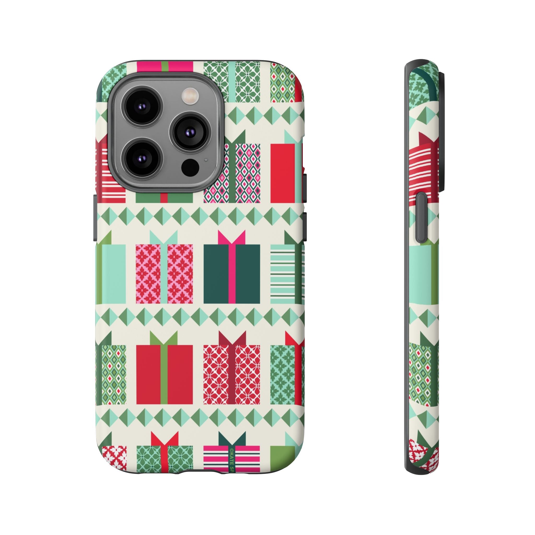 All Wrapped Up Tough iPhone 14 Pro Case – Matte | cream, red, pink, green, mint geometric gift wrap holiday print