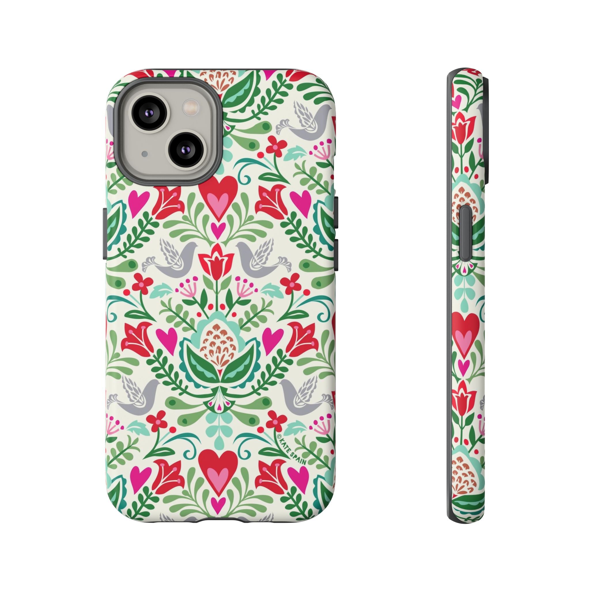 Rosemaling Tough iPhone 14 Case – Matte | cream, red, pink, green, gray folk art floral bird print