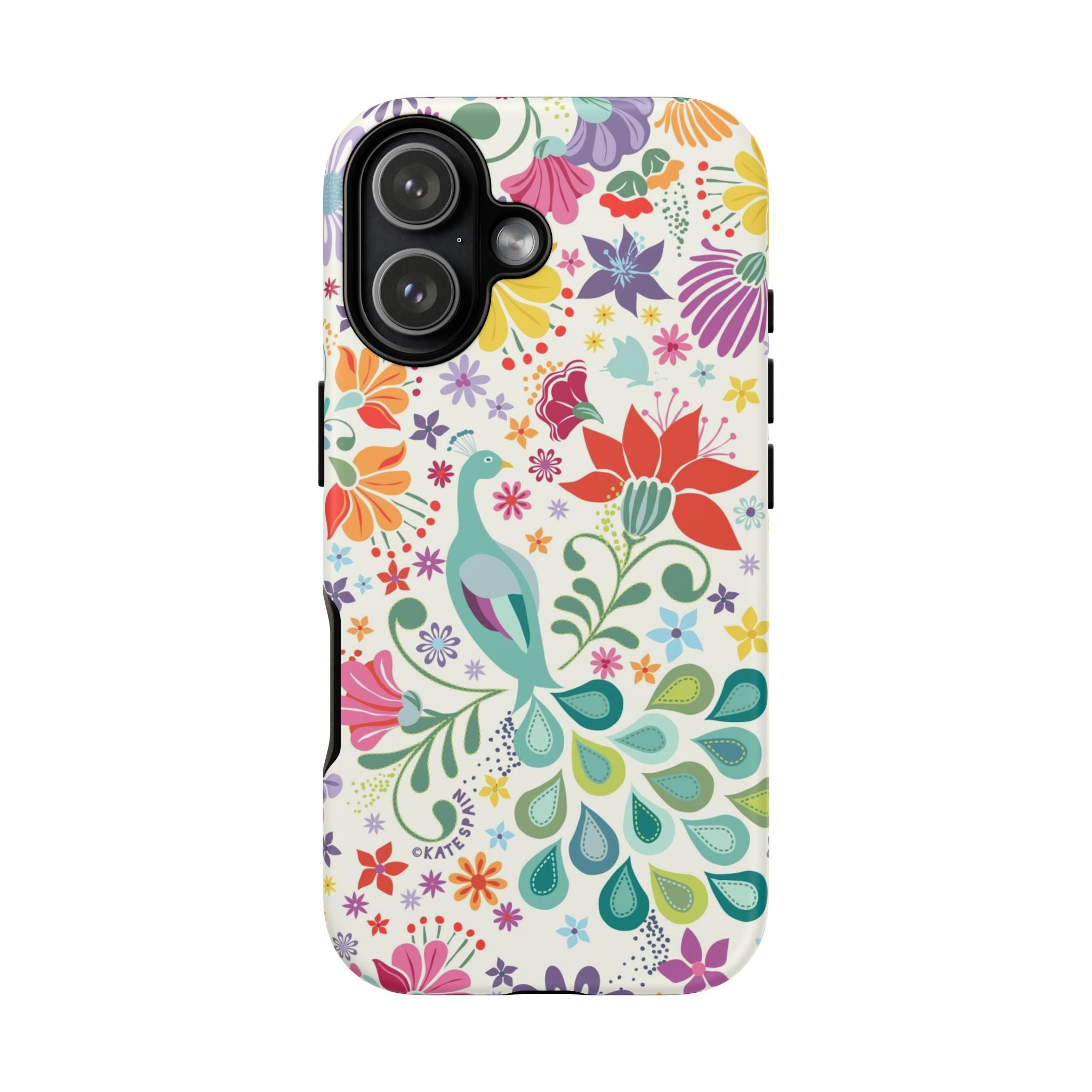 Peacock Sanctuary Tough iPhone 17 Case – Matte | white, teal, coral multicolor vibrant peacock feather botanical print