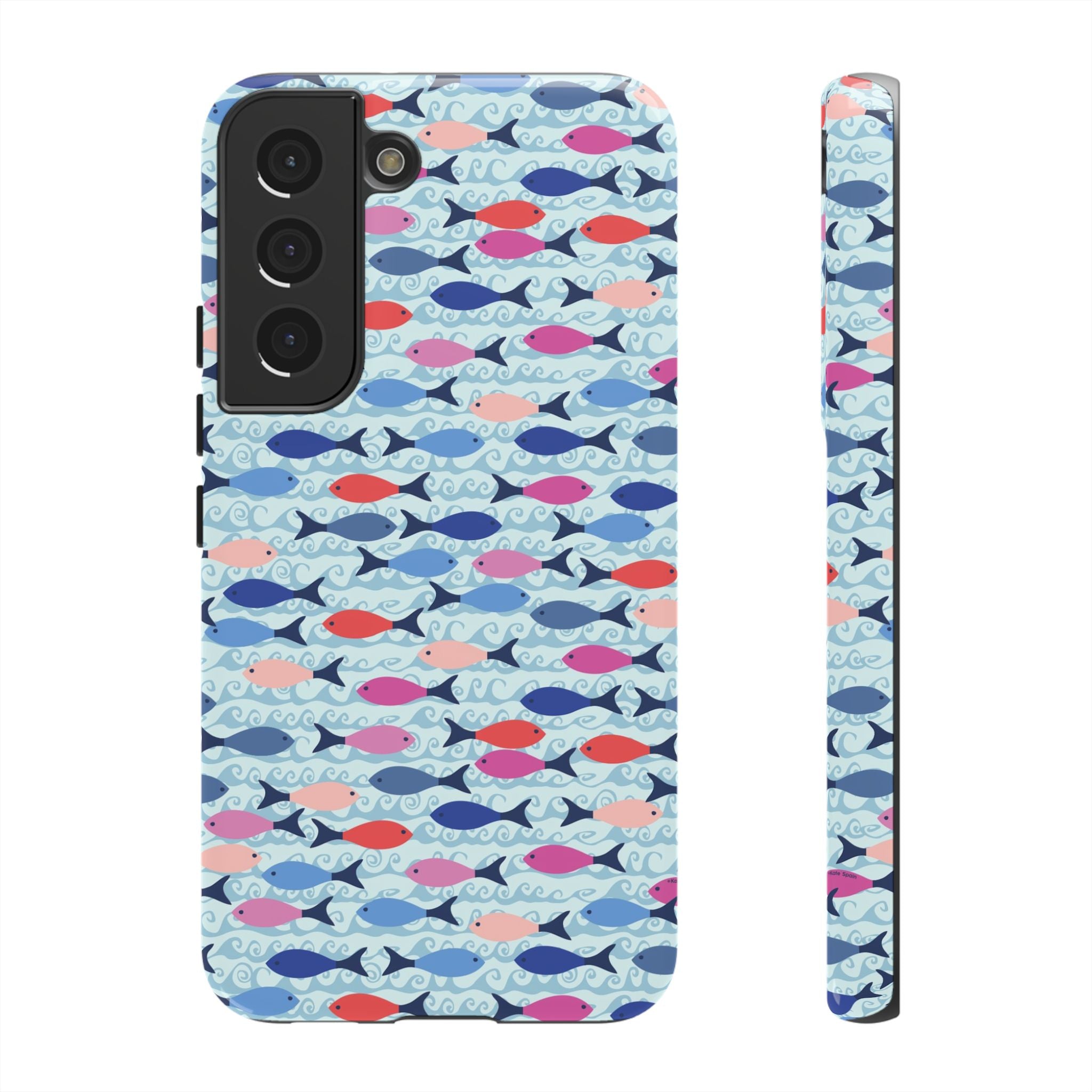 Summer Minnows Samsung Galaxy S22 Case – Glossy | navy, coral, pink, and periwinkle fish on a pale aqua ground