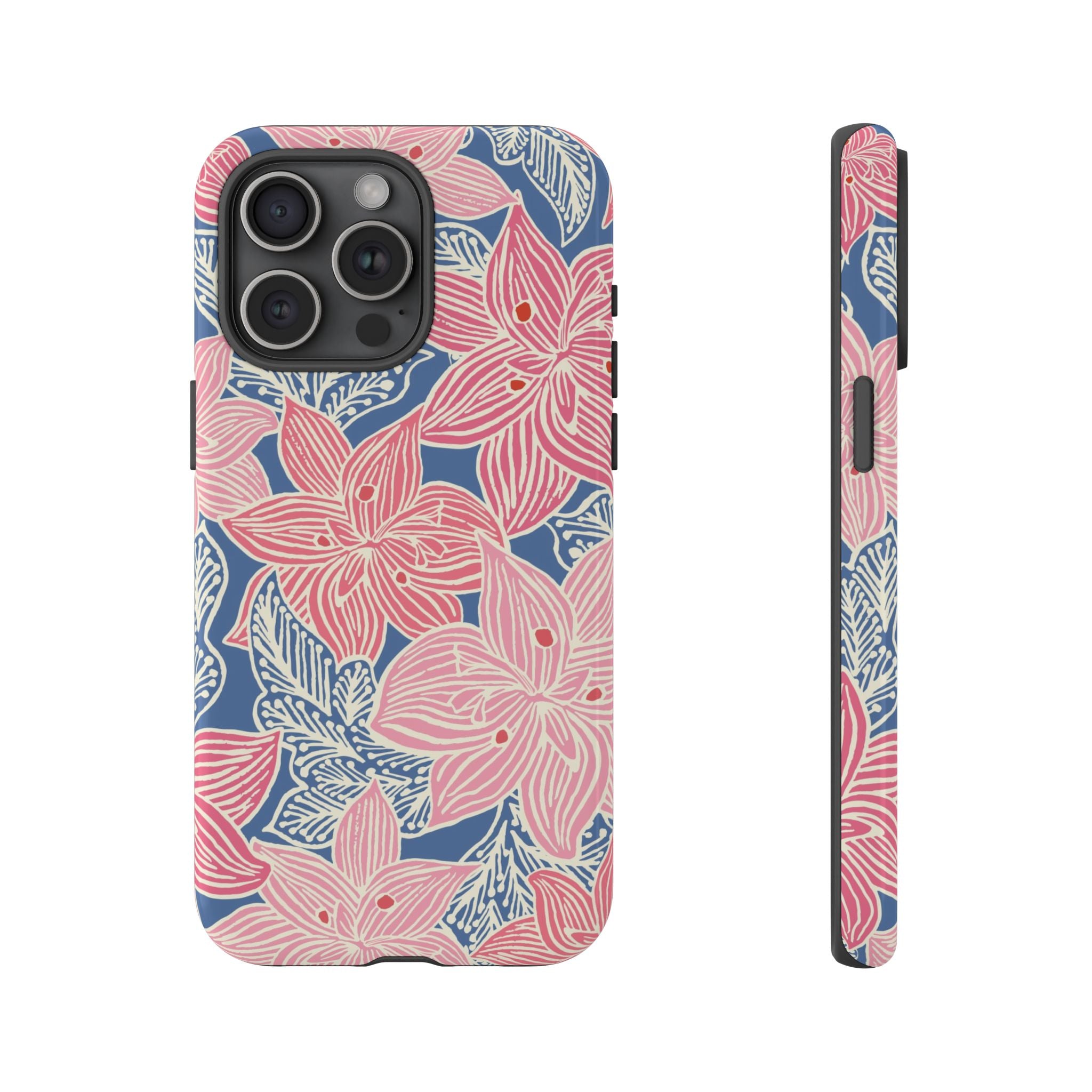 Hibiscus Lagoon Tough iPhone 15 Pro Max Case – Glossy | coral, blush, cream, dusty blue hibiscus botanical print