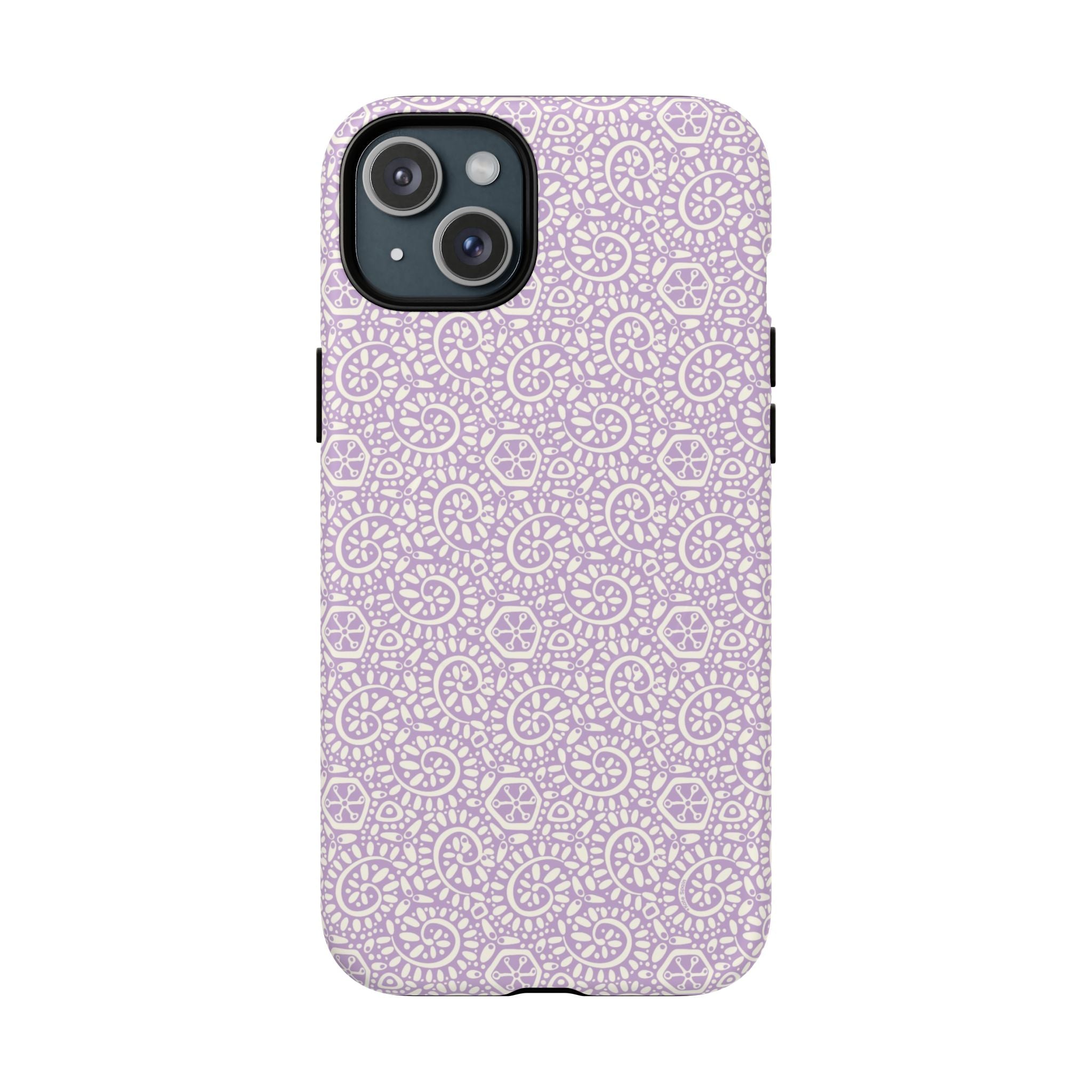 Canto Swirls Lavender MagSafe iPhone 15 Plus Matte Case — lavender hard case covered in an intricate folk-art medallion pattern of radiating circular motifs, dot clusters, and geometric centers