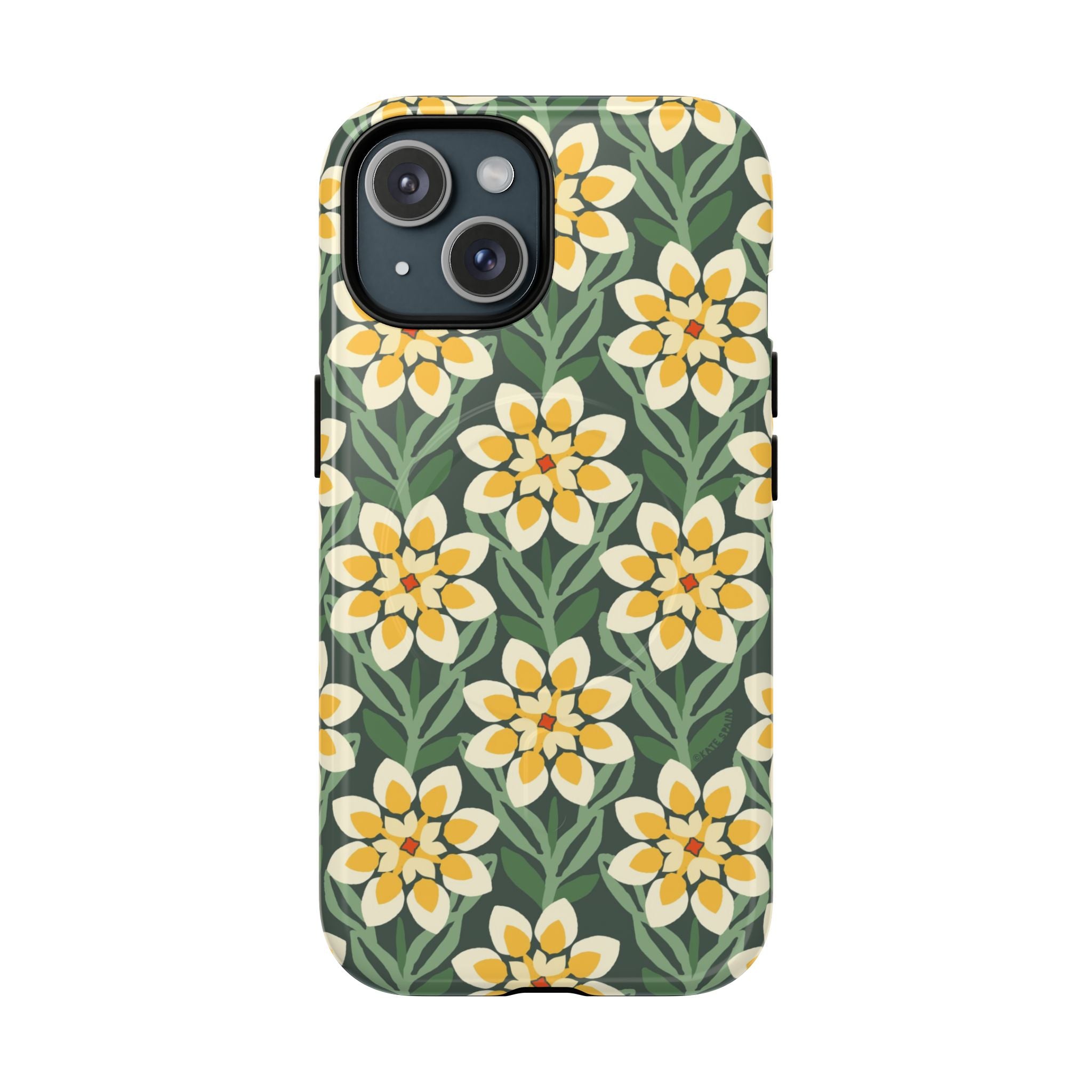 Designer Modern Dahlia MagSafe iPhone 15 Case – Glossy | yellow, cream, green dahlia floral print