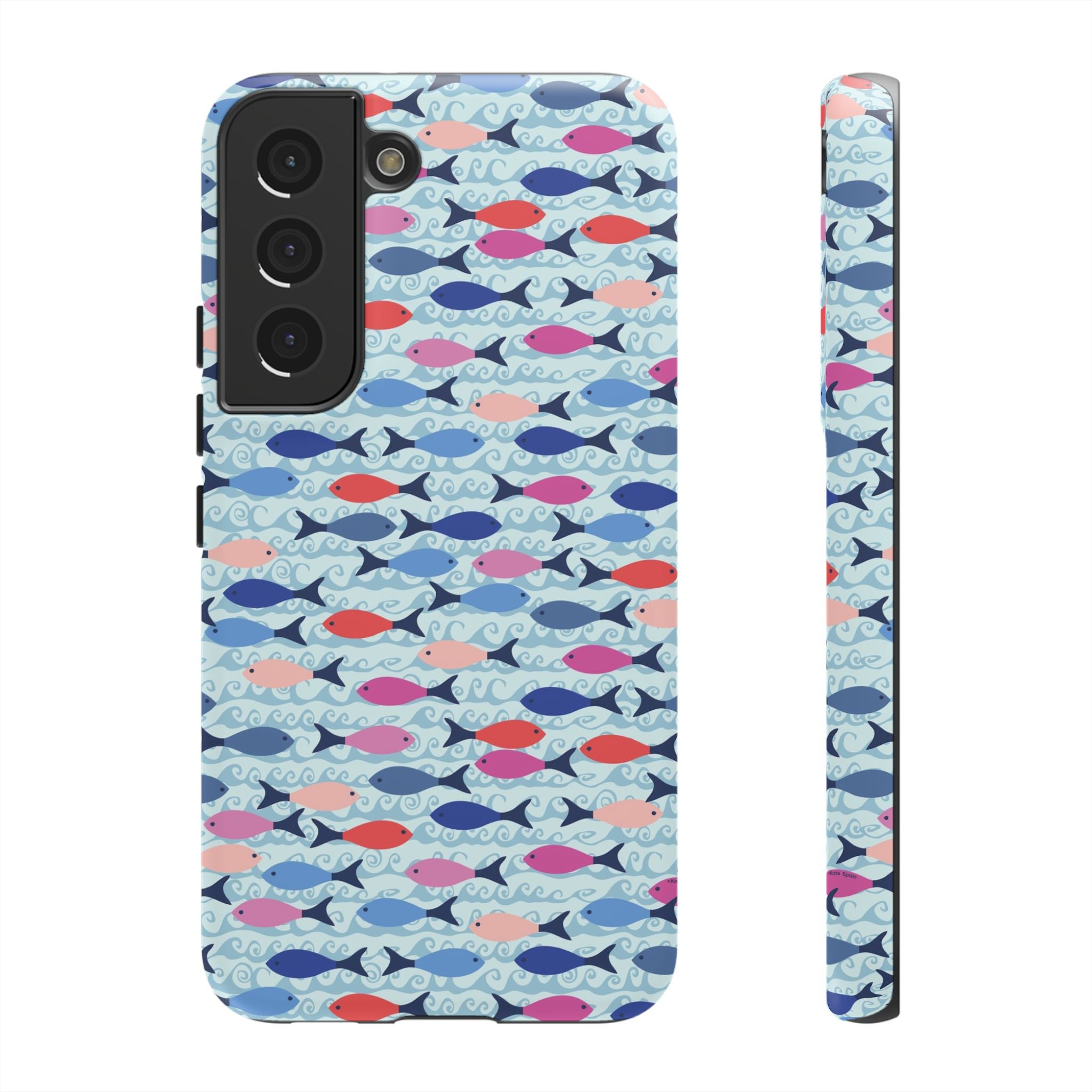 Summer Minnows Samsung Galaxy S22 Case – Matte | navy, coral, pink, and periwinkle fish on a pale aqua ground