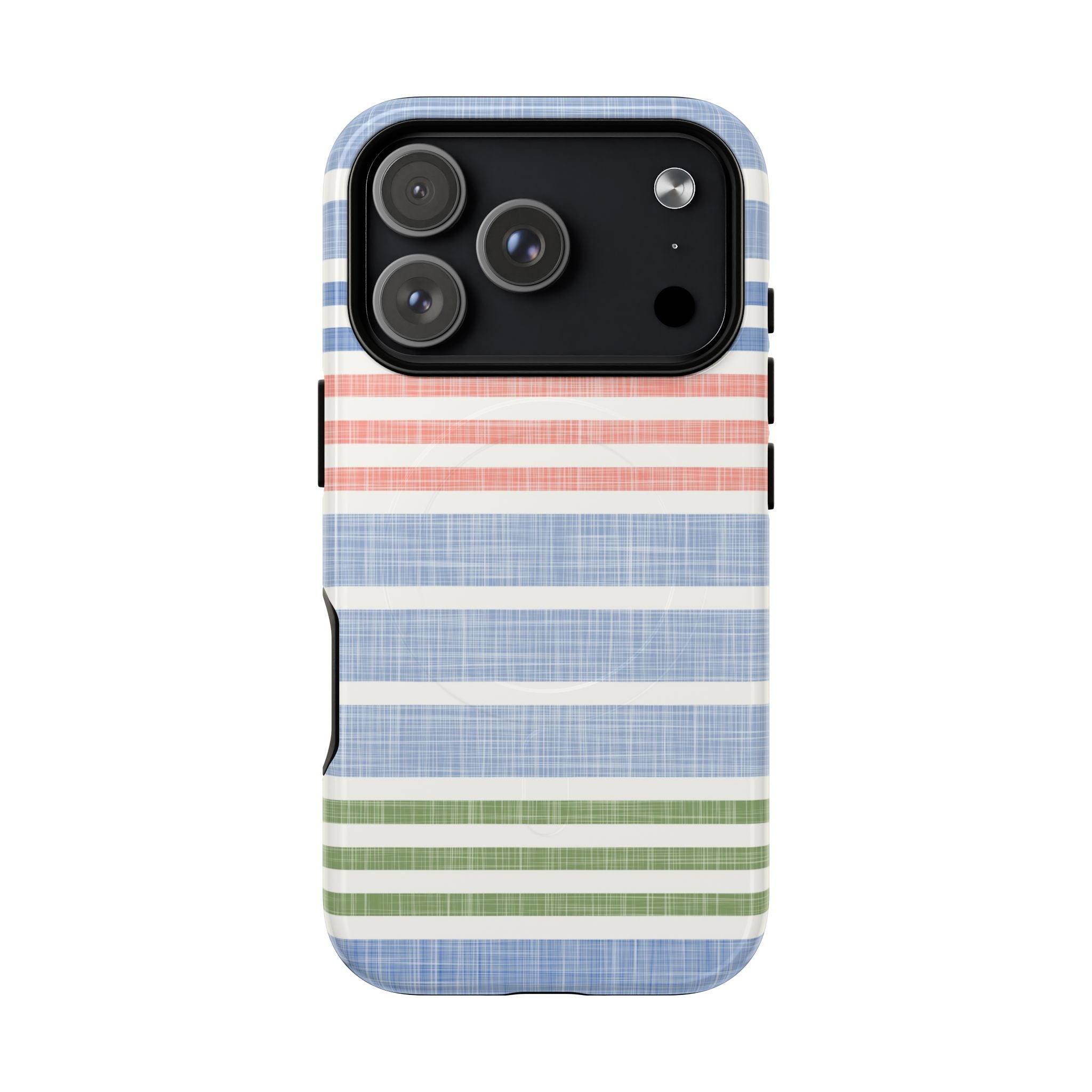Cabana Stripe Pastel MagSafe iPhone 17 Pro Case – Glossy | soft blue, coral, sage green chambray-textured stripe print MagSafe compatible, dual-layer protection