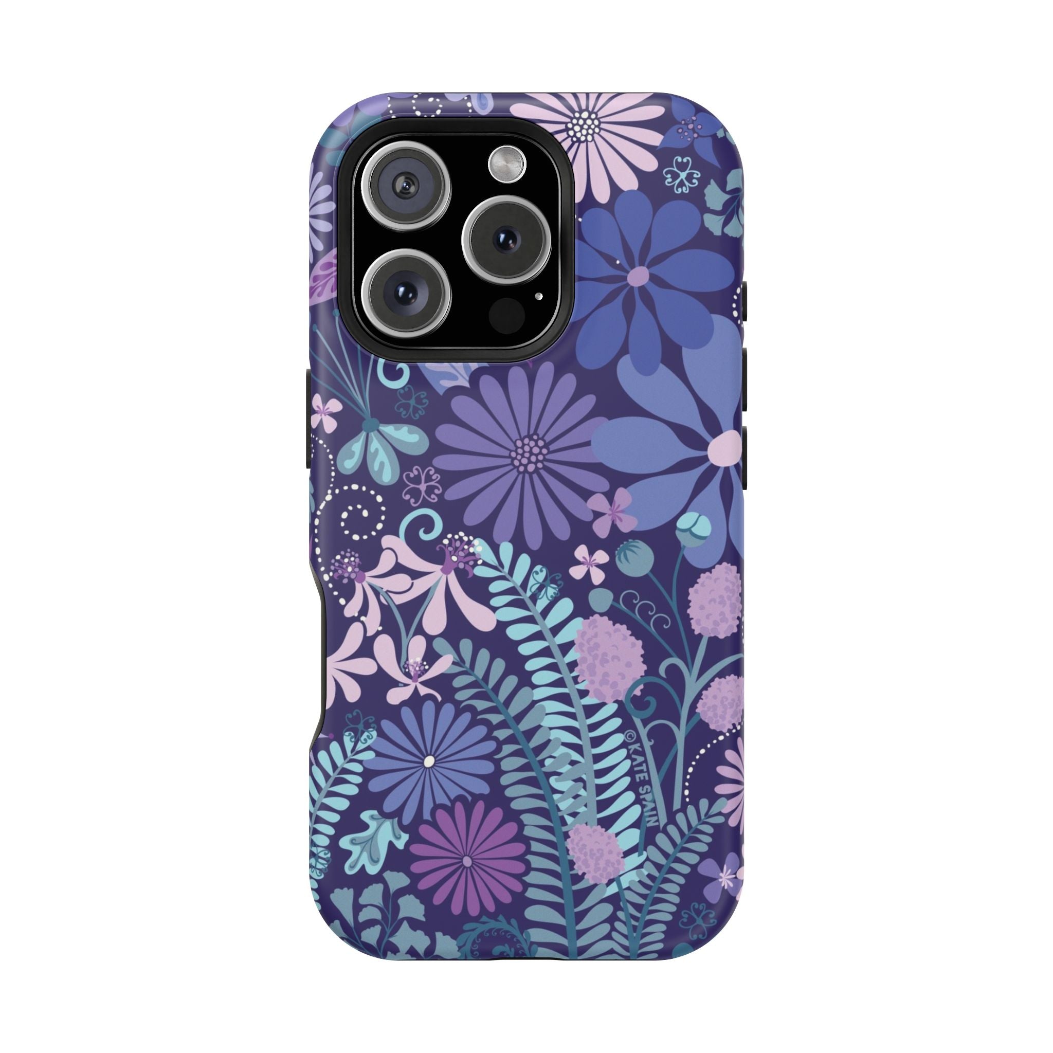 Luxury Terrain MagSafe iPhone 16 Pro Case – Glossy | navy, purple, aqua botanical woodland floral print