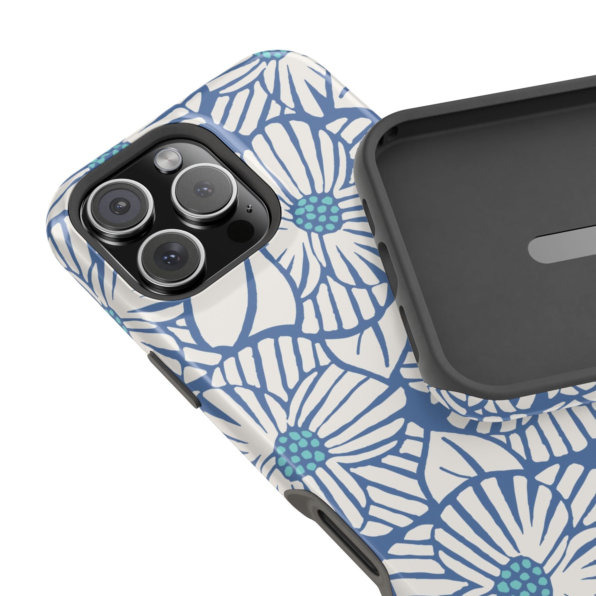 Calendula MagSafe iPhone 17 Pro Max Case – Matte | slate blue, cream, teal botanical daisy print