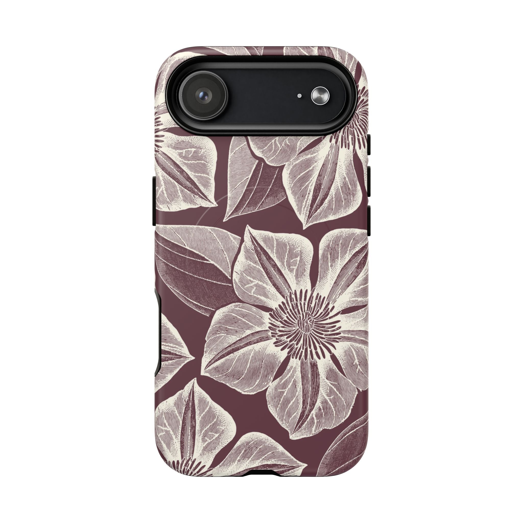 Vintage Bloom Burgundy MagSafe iPhone 17 Case – Matte | burgundy ground, large-scale cream clematis print, engraved petal detail, dual-layer protection