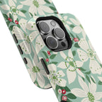 Gardenia MagSafe iPhone 16 Pro Max Case – Glossy angled view closeup of camera cutout and buttons | light blue, white, green, red gardenia botanical print MagSafe compatible, dual-layer protection
