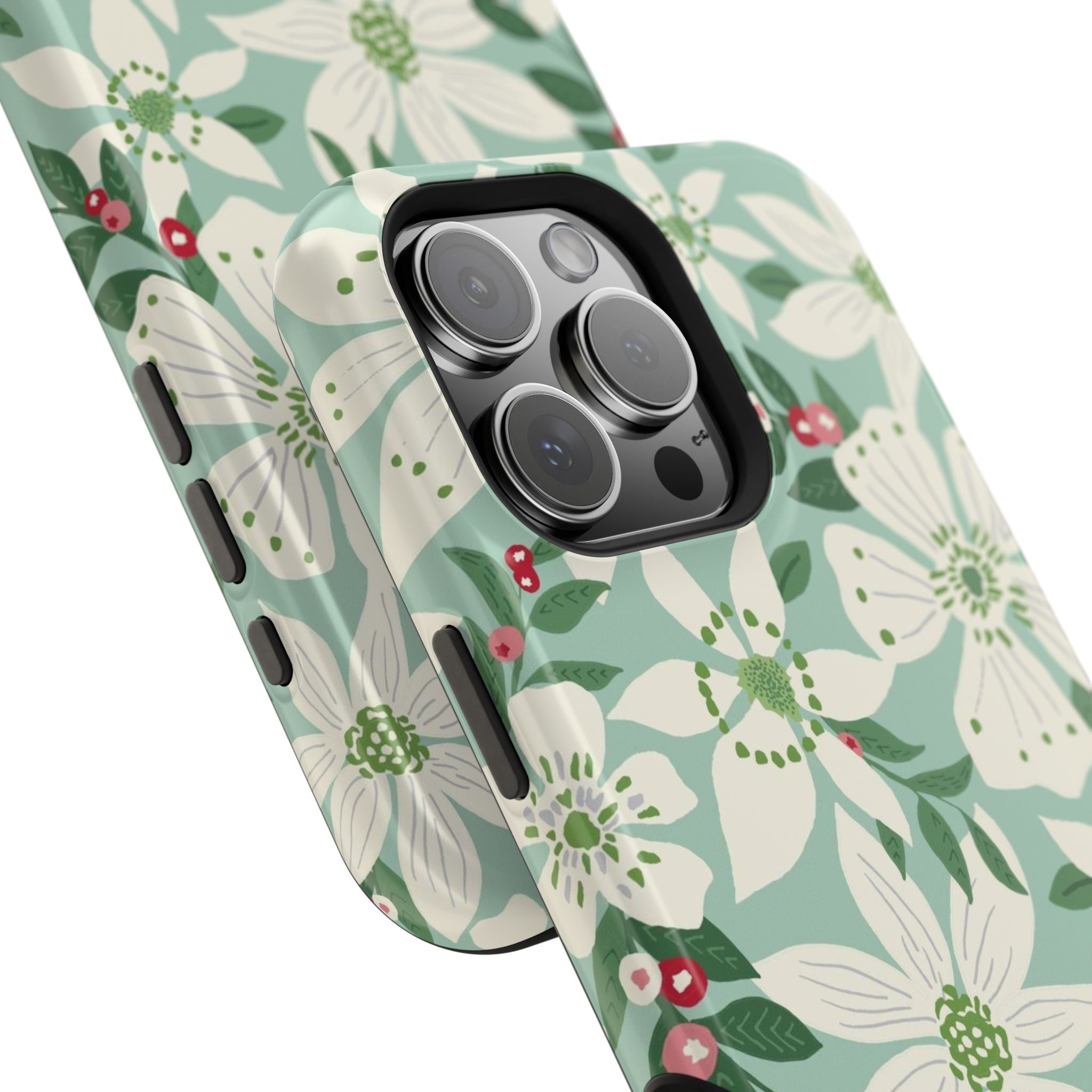 Gardenia MagSafe iPhone 16 Pro Max Case – Glossy angled view closeup of camera cutout and buttons | light blue, white, green, red gardenia botanical print MagSafe compatible, dual-layer protection