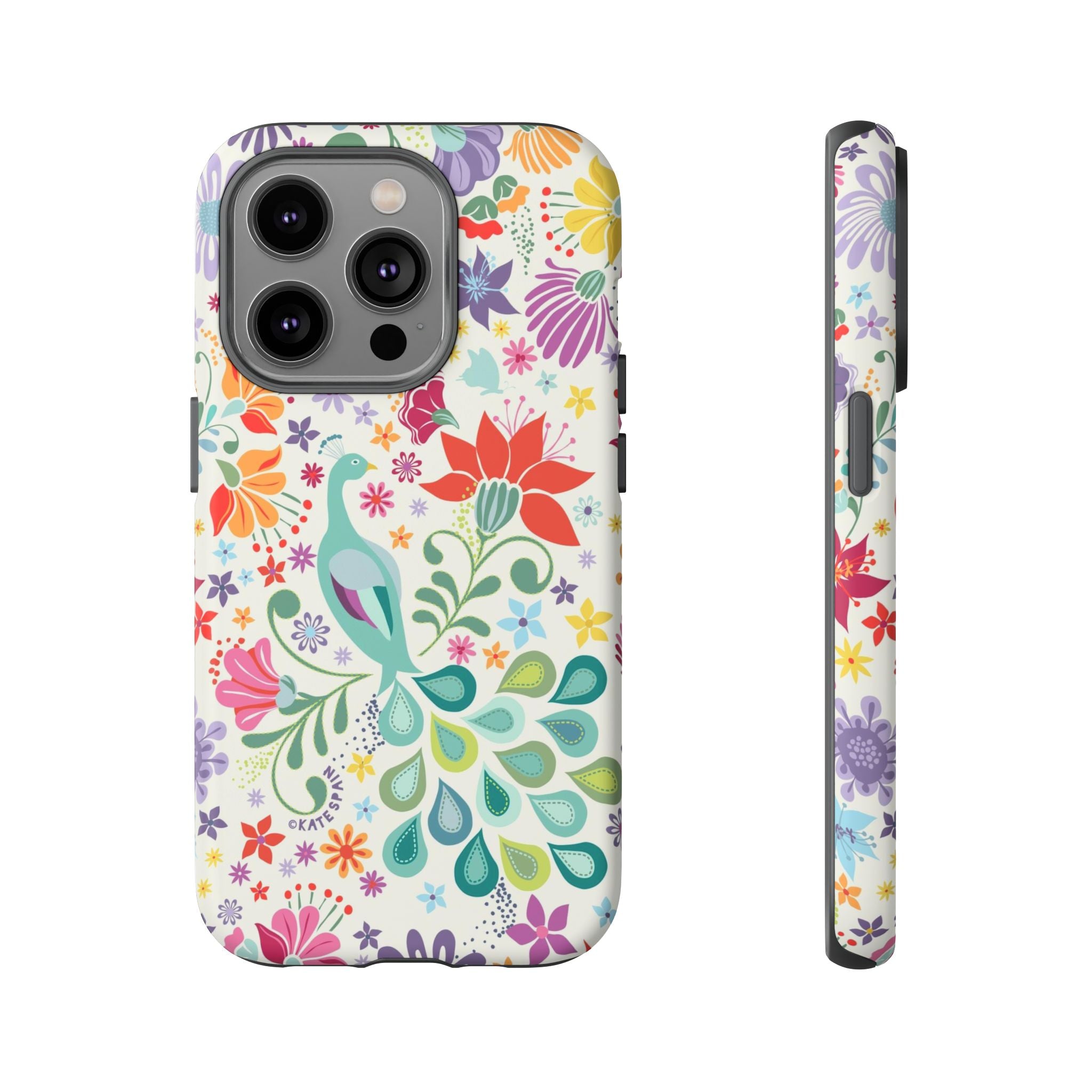 Peacock Sanctuary Tough iPhone 14 Pro Case – Matte | white, teal, coral multicolor vibrant peacock feather botanical print