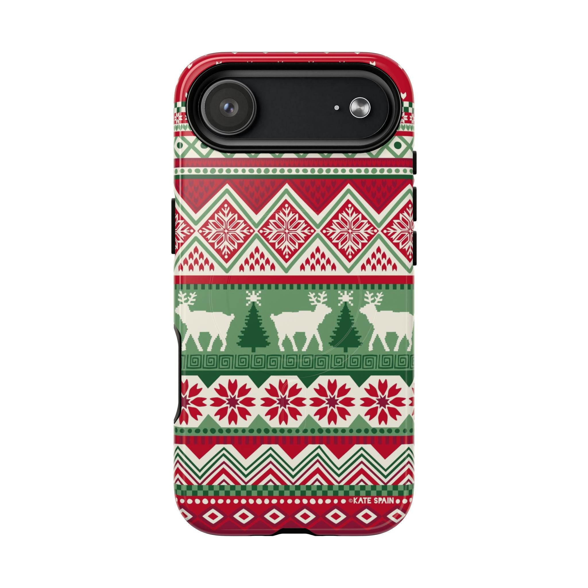 Telemark MagSafe iPhone 17 Air Case – Glossy | red, green, and cream fair isle Christmas sweater print with snowflakes, reindeer, and trees