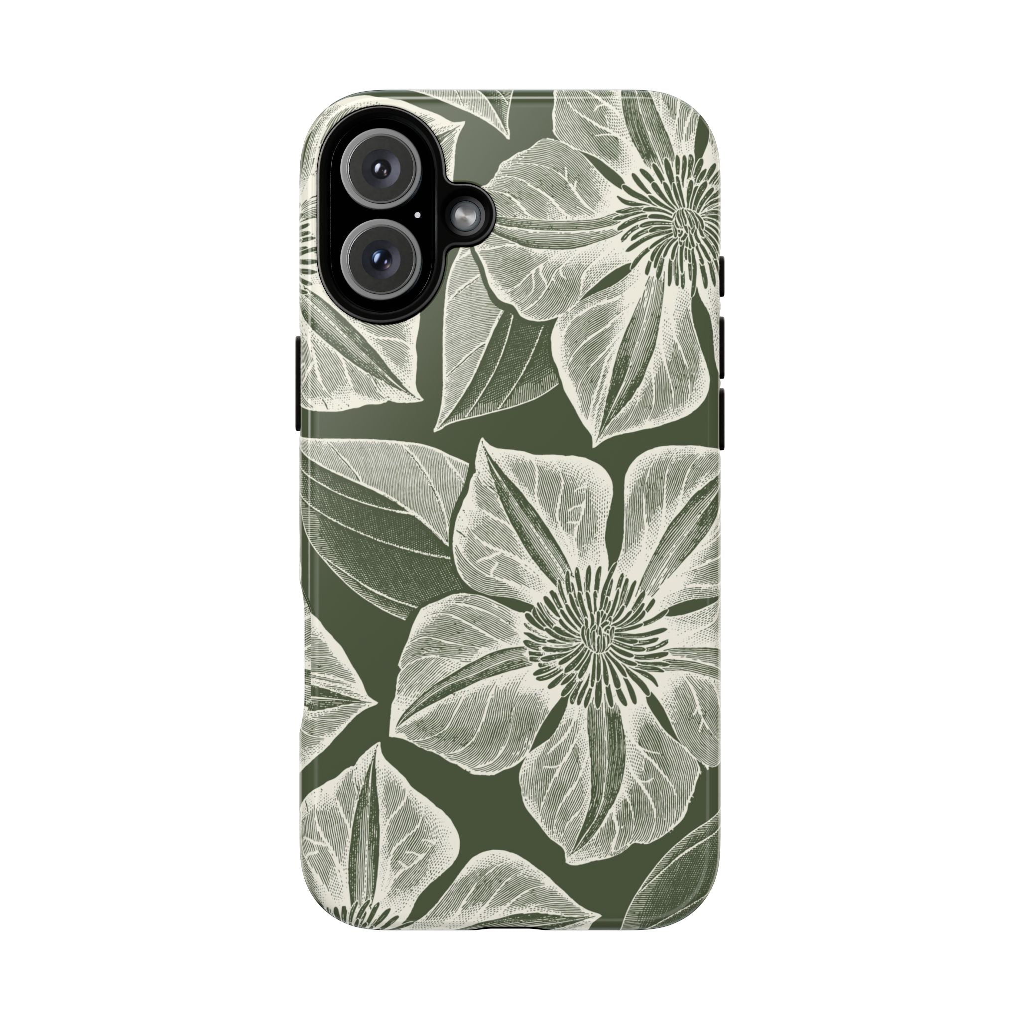Vintage Bloom Cypress iPhone 16 Plus case – Glossy | cypress green ground, large-scale white clematis print, engraved petal detail, dual-layer protection